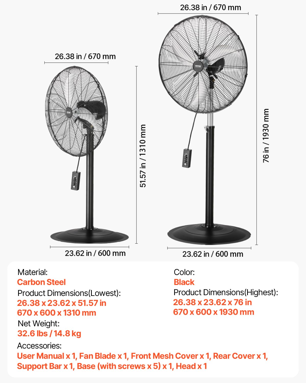 VEVOR Ventilador Oscilante de Pedestal 67 cm, Altura Ajustable de 131 a 193 cm Ventilador de Pie 3 Velocidades de Alta Potencia, para Sala de Estar, Hogar, Oficina, Negro, 670 x 600 x 1930 mm