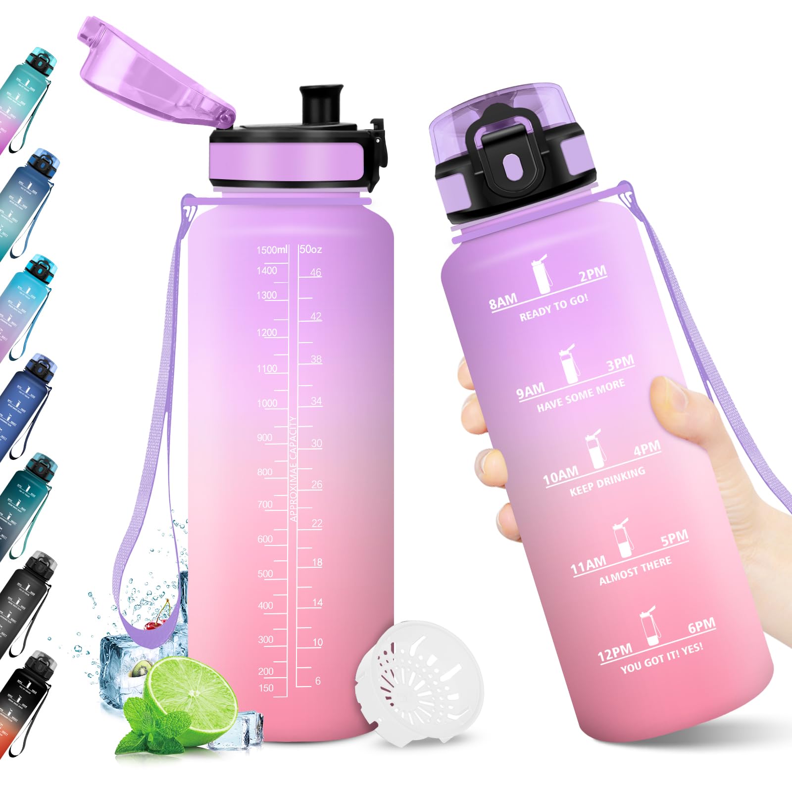 Trinkflasche 1.5L, Auslaufsicher, BPA-frei, Sport Wasserflasche, Trinkflasche mit Filter und Zeitmarkierung, Ideal für Gym, Yoga, Camping, Fahrrad, Schule, Büro, Erwachsene, Kohlensäure geeignet