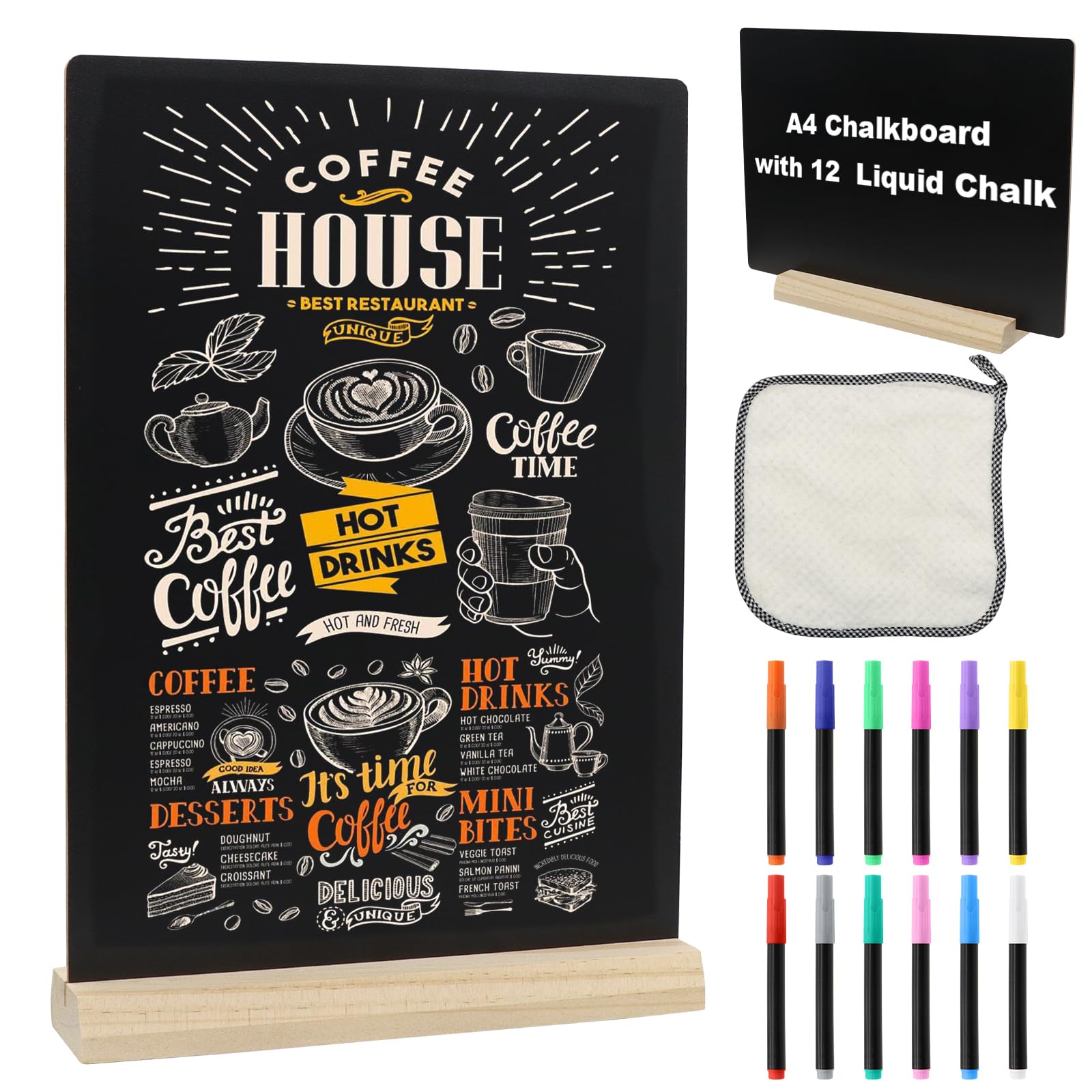 A4 Chalkboard Sign, 8 x 12 inch Erasable Tabletop Blackboard with Stand, Double-Sided Wooden Chalk Board Sign with 12 Colors Liquid Chalk for Wedding, Restaurant, Party, Bar