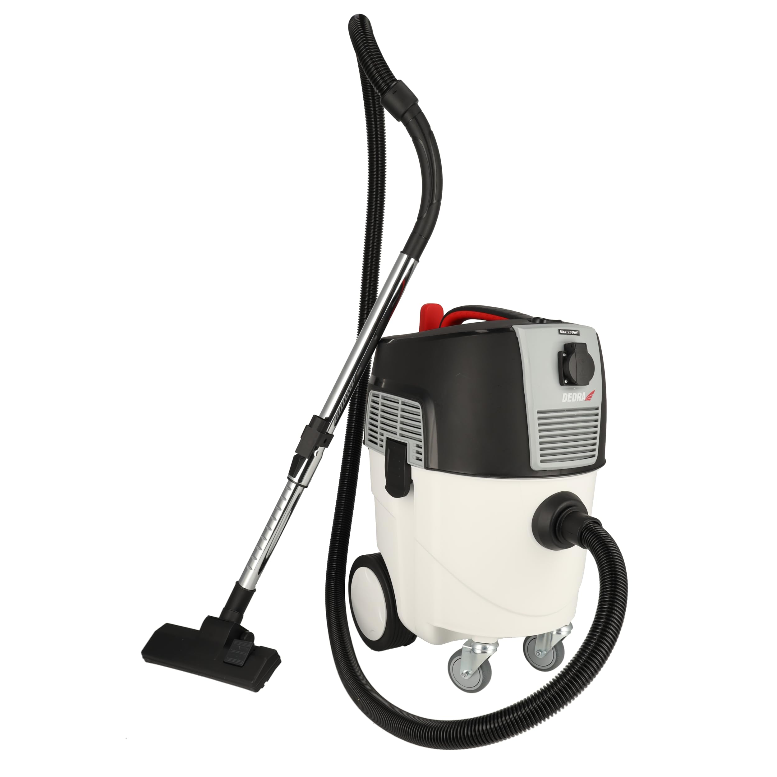 Dedra DED6607 1600 W Odkurzacz warsztatowy suchy/mokry do gipsu – automatyczny otrząsacz filtra co 15 s, zbiornik 30 L, wbudowane gniazdo max 2000 W, mobilne kółka, komplet akcesoriów