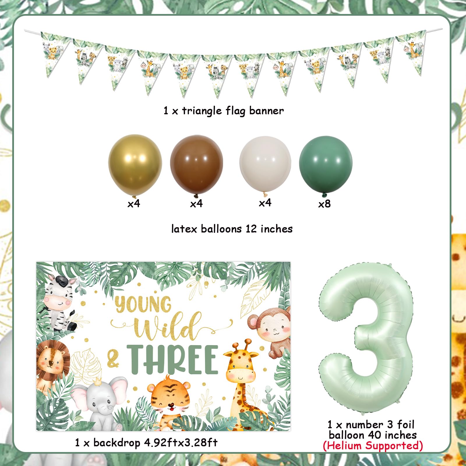 Dschungel Geburtstagsdeko Für 3. Geburtstag – Safari-Tier-Ballons & Banner, Inkl. Zahl 3, Perfekt Für Jungen & Mädchen
