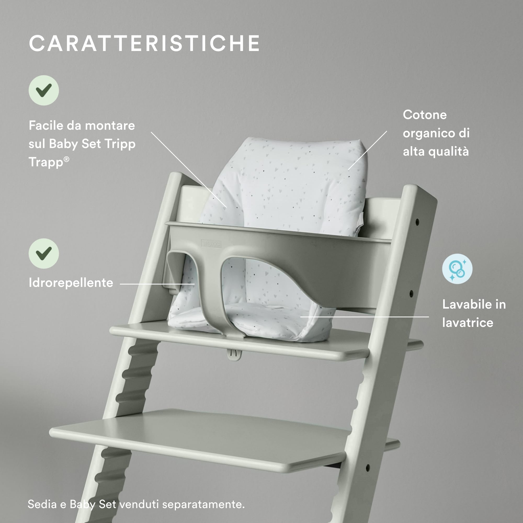 Tripp Trapp Cuscino Baby, Nordic Grey - Aggiungi morbidezza, Supporto e Comfort al tuo Tripp Trapp Baby Set - Lavabile in lavatrice, in Cotone organico - Per tutte le Sedie Tripp Trapp