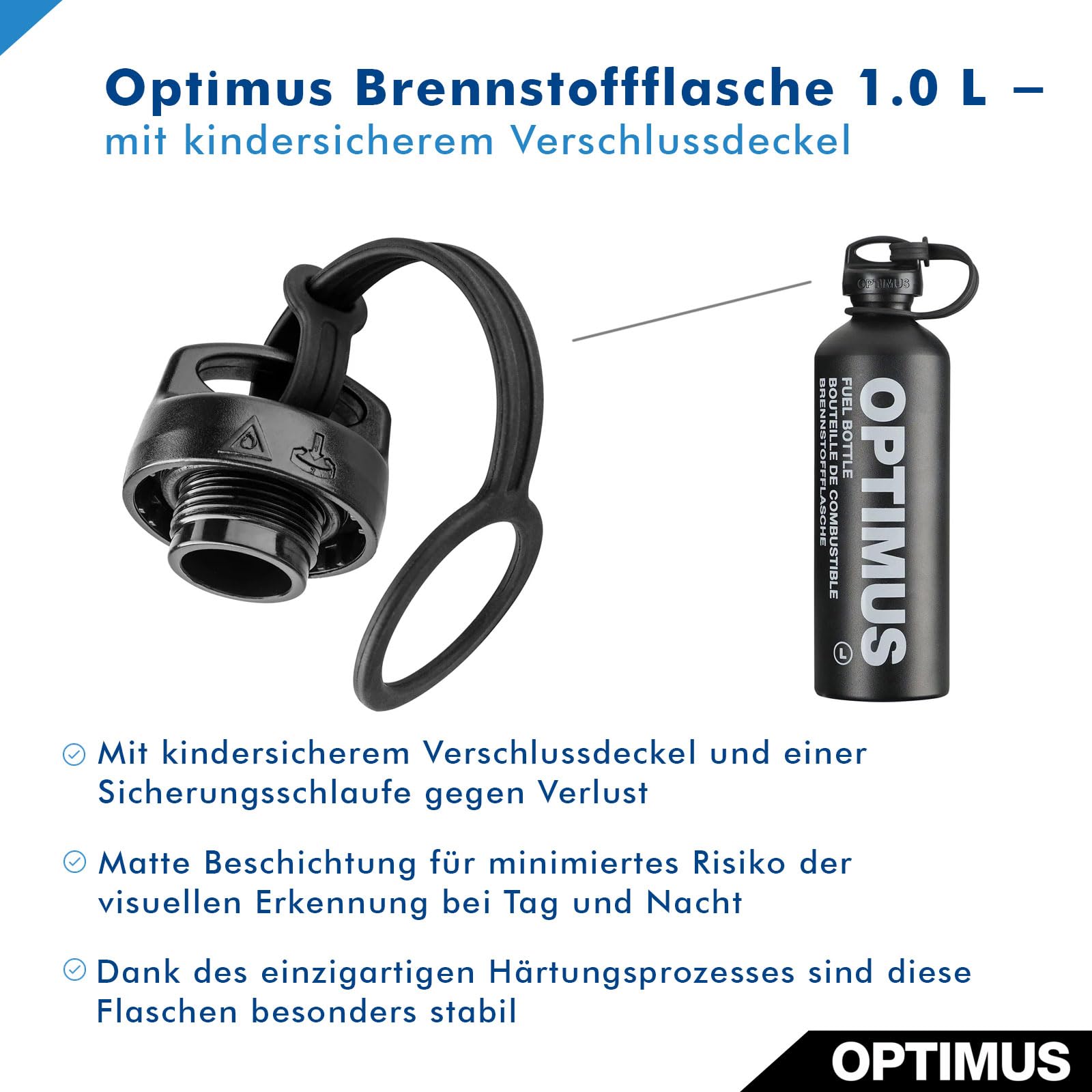 Optimus Brennstoffflasche 1,0 L für Campingkocher mit Flüssigbrennstoff (ohne Inhalt) | druckbeständig & leicht | mit kindersicherem Verschlussdeckel und Sicherungsschlaufe