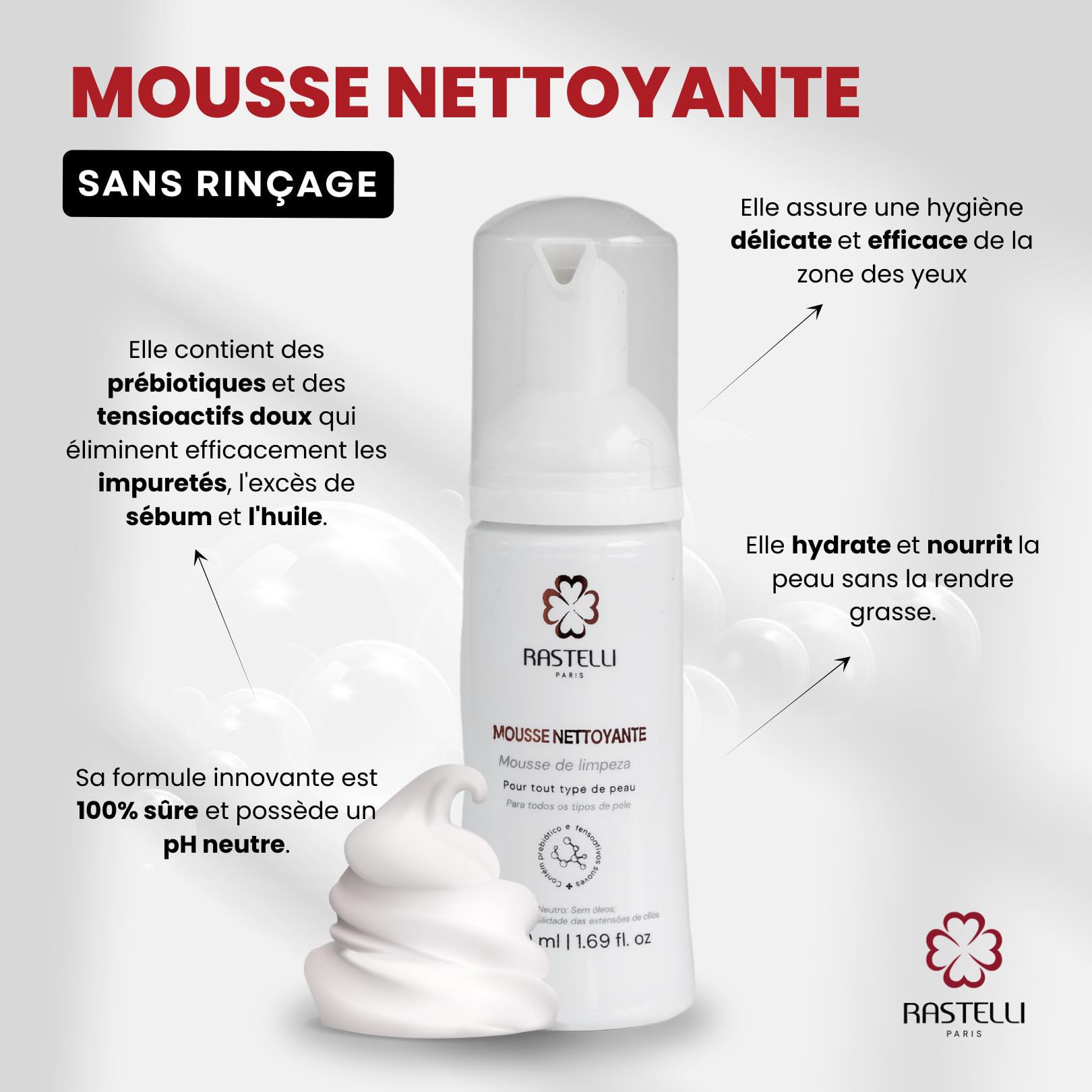 Shampooing Extensions de Cils - Nettoyante extensions de cils - RASTELLI 50ml -