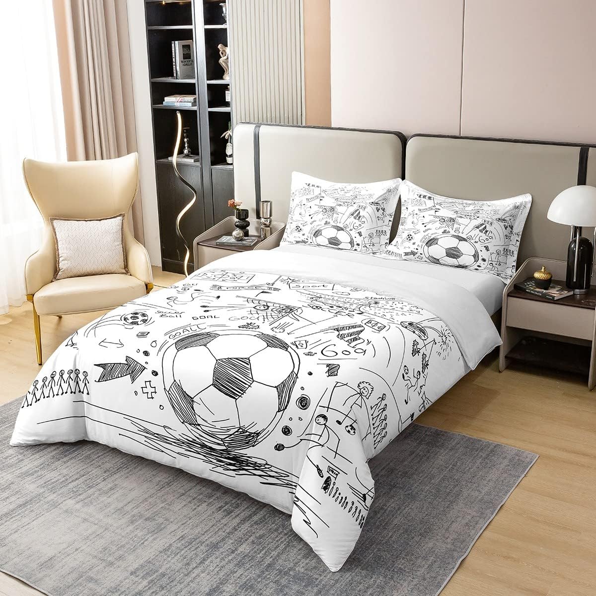 Homewish Bettbezug, 200 x 200 cm, aus Bio-Baumwolle, Bettwäsche, Fußballflagge, handgezeichnet, Bettwäsche für Teamsport aus Netzwerk, dekoratives Bettwäsche-Set, Weiß / Schwarz