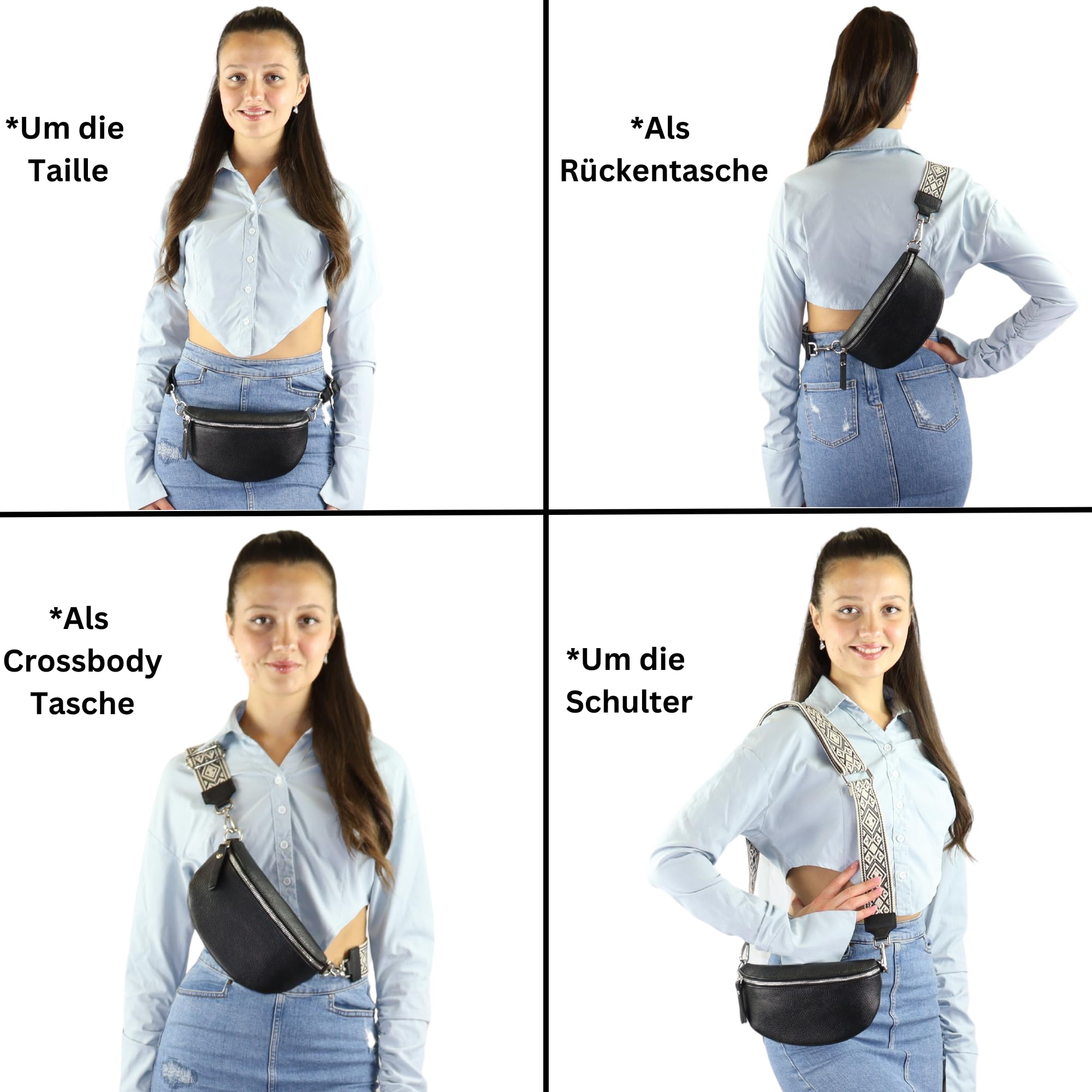 Blade Marsupio da donna in vera pelle, elegante marsupio, da donna, con 2 motivi e pelle staccabili e regolabili, tracolla da donna, tasca sul petto di alta qualità per donne, Nero11., m