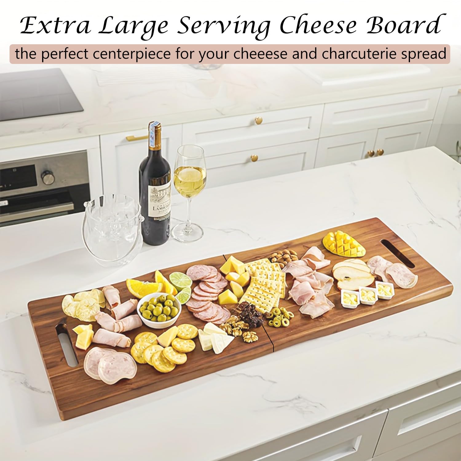 Tabla de embutidos grande de 33 pulgadas con asas, tabla de servir queso de madera de acacia, plato de cocina, charcutería para aperitivos, alimentos, pan, carne, frutas
