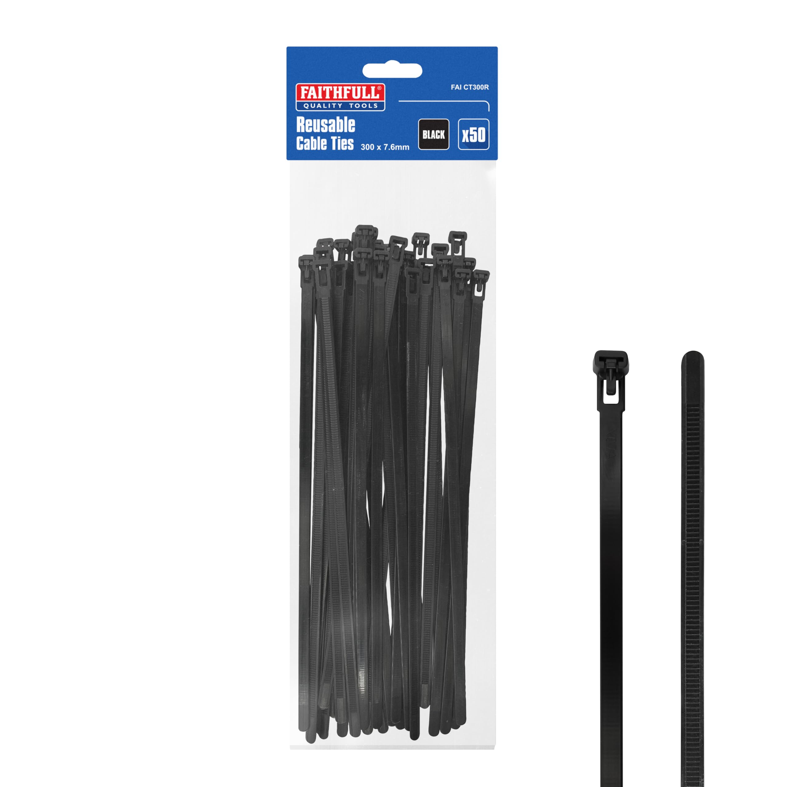 Faithfull Reusable Cable Ties 300mm x 7.6mm (Pack of 50) – Heavy-Duty Nylon 66 Releasable Zip Ties with UV Resistance, 230N Tensile Strength for cable management, organisation, Indoor & Outdoor Fixing