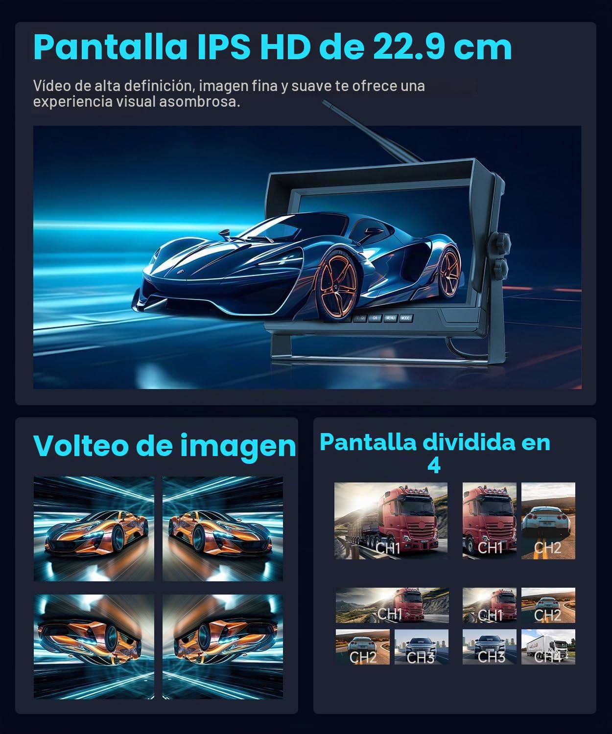 VECHTEL Camara Marcha Atras Inalambrica, 9 Pulgadas IPS HD Monitor Kit Impermeable de Visión Nocturna de Camara Trasera DVR Bucle de Grabación para el Remolque del Camión Camper Car RV Furgonetas