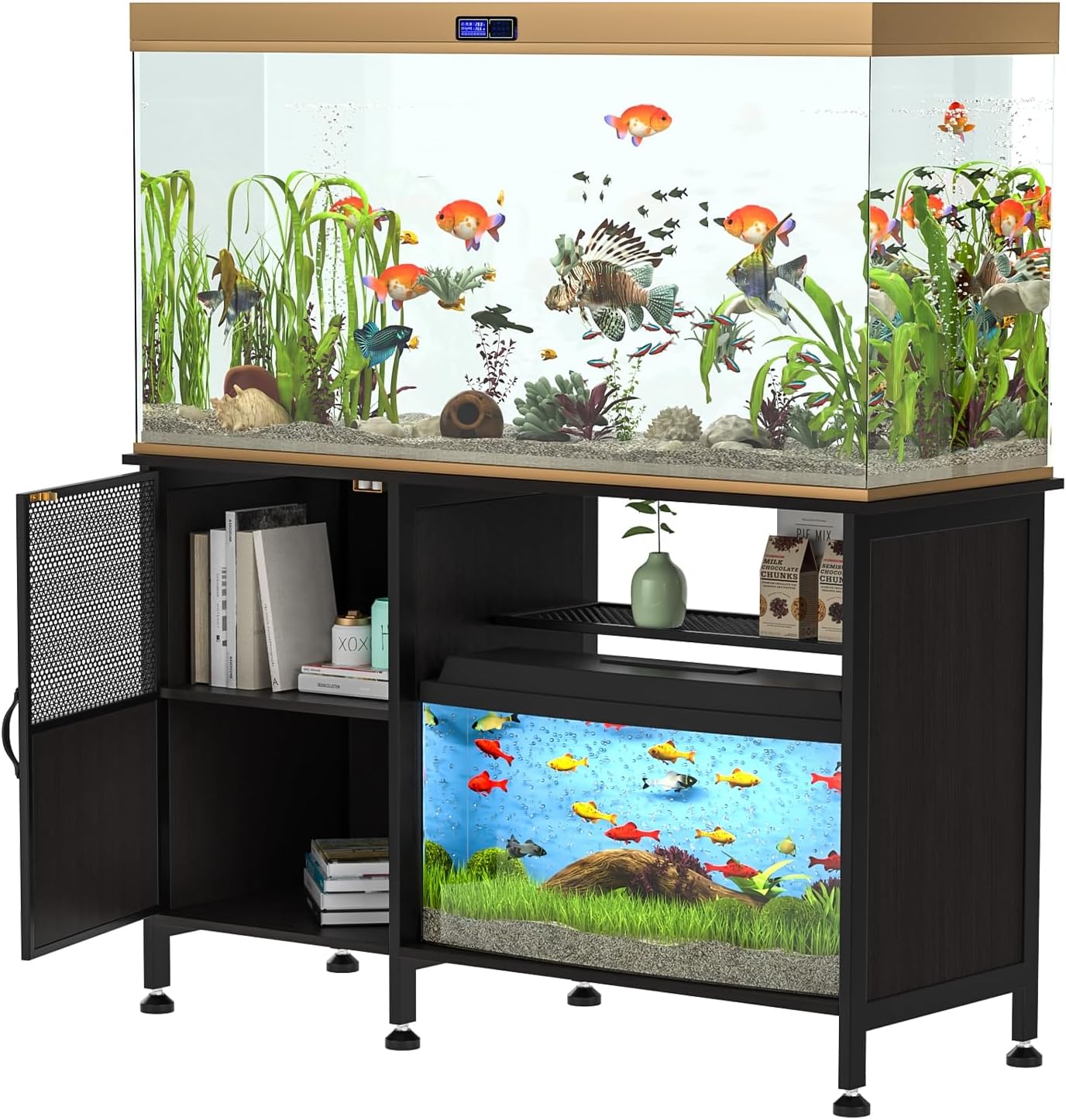 Fish Tank Stand, Elegant Wood and Iron Aquarium Stand - Perfect for Modern Home Aquariums with Extra Storage and Stability（ 51.97" x W 19.69" x H 31.5"） Black