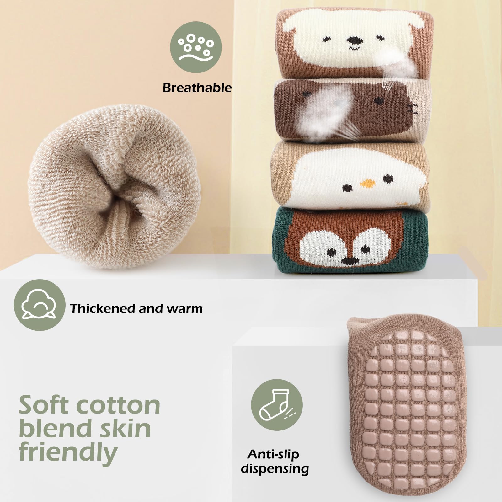 Bigqin 4 Paia Calzini Antiscivolo Bambino Cotone Bimbi Bambini, Addensati Invernali Caldi Calzini di Cotone Antiscivolo, per 0-5 Anni