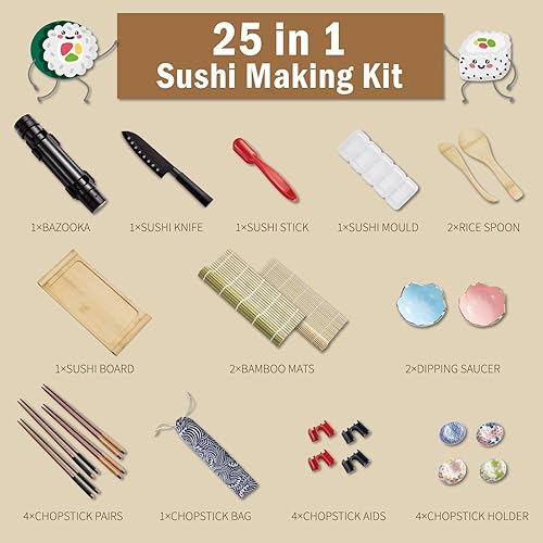 Miniatura 2 de Juego Deluxe de Fabricación de Sushi 25-en-1 con Bazooka, Rodillo, Estera de Bambú, Cuchillo, Bandeja para Salsa, Plato Japonés de Sashimi de Bambú