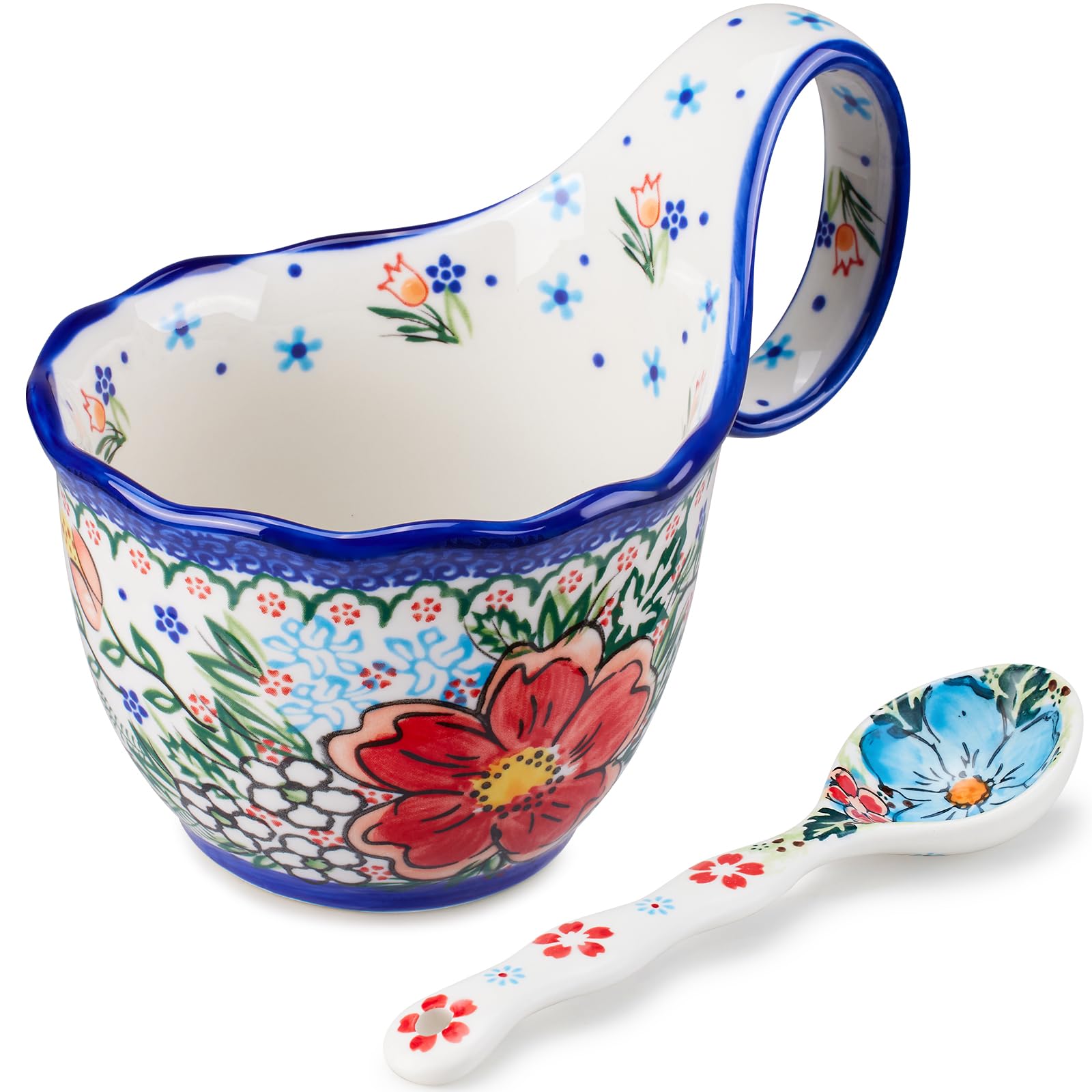 Cteaffee Ceramic Soup Cup and Soup Bowl With Handles - 18 Ounce With Spoon,Handpainted Decorative Oversized Porcelain Bowl,for soup, Ice Cream, Stew, Microwave and Dishwasher Safe (Red)