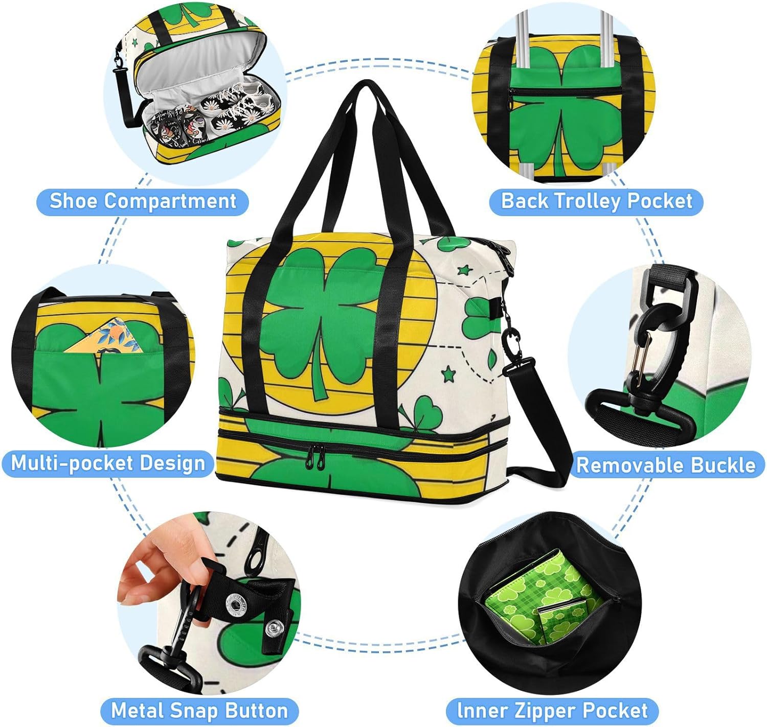St. Patrick’s Clover Green Stars Gym Bag Sports Gym Tote Bag with Adjustable Strap for Workout 2 Pcs Set