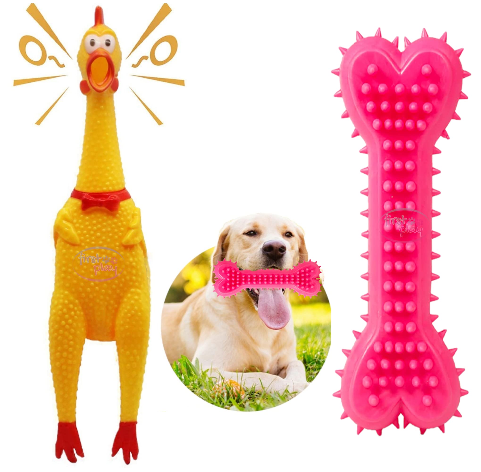 First Play Pack of 2 Dog Toys I Squeaky Chicken + Spike Bone for Dogs I 100% Natural Rubber I Safe & Non-Toxic Chew Toys for Dogs I Puppy Teething & Dental Cleaning for Puppies/Dogs (B0BTT4KL42) Amazon Price History, Amazon Price Tracker