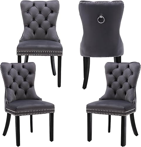 Miniatura 15 de Nikki Collection - Juego de 6 sillas de comedor de terciopelo con patas de madera y anillo de tracción, sillas laterales de lujo con ribete de Negro