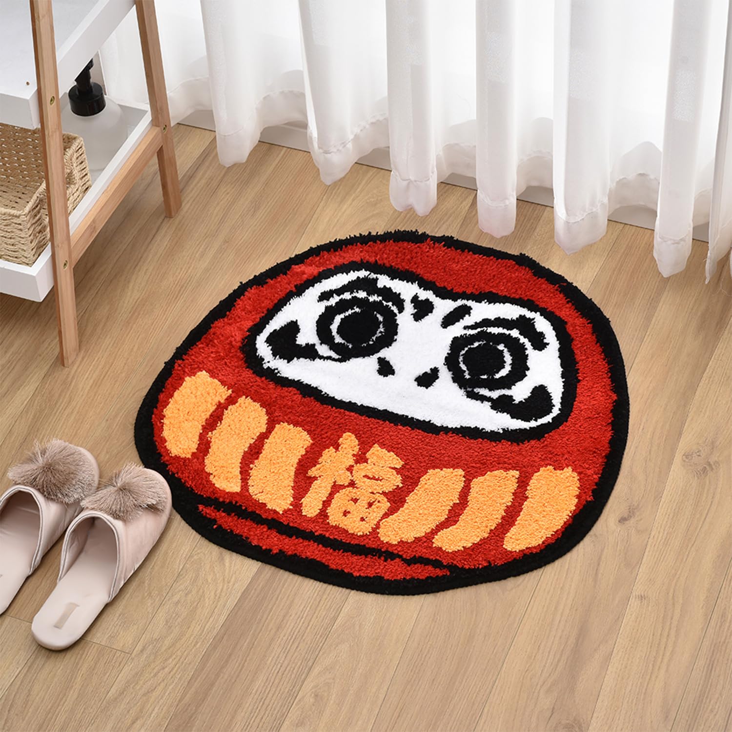 Feblilac Japanese Bathroom Rug, Red Daruma Doll Bath Mat, Funny Japan Anime Bathroom Mat, Gift for Japanese Culture Lover, 23.6x23.6 inches