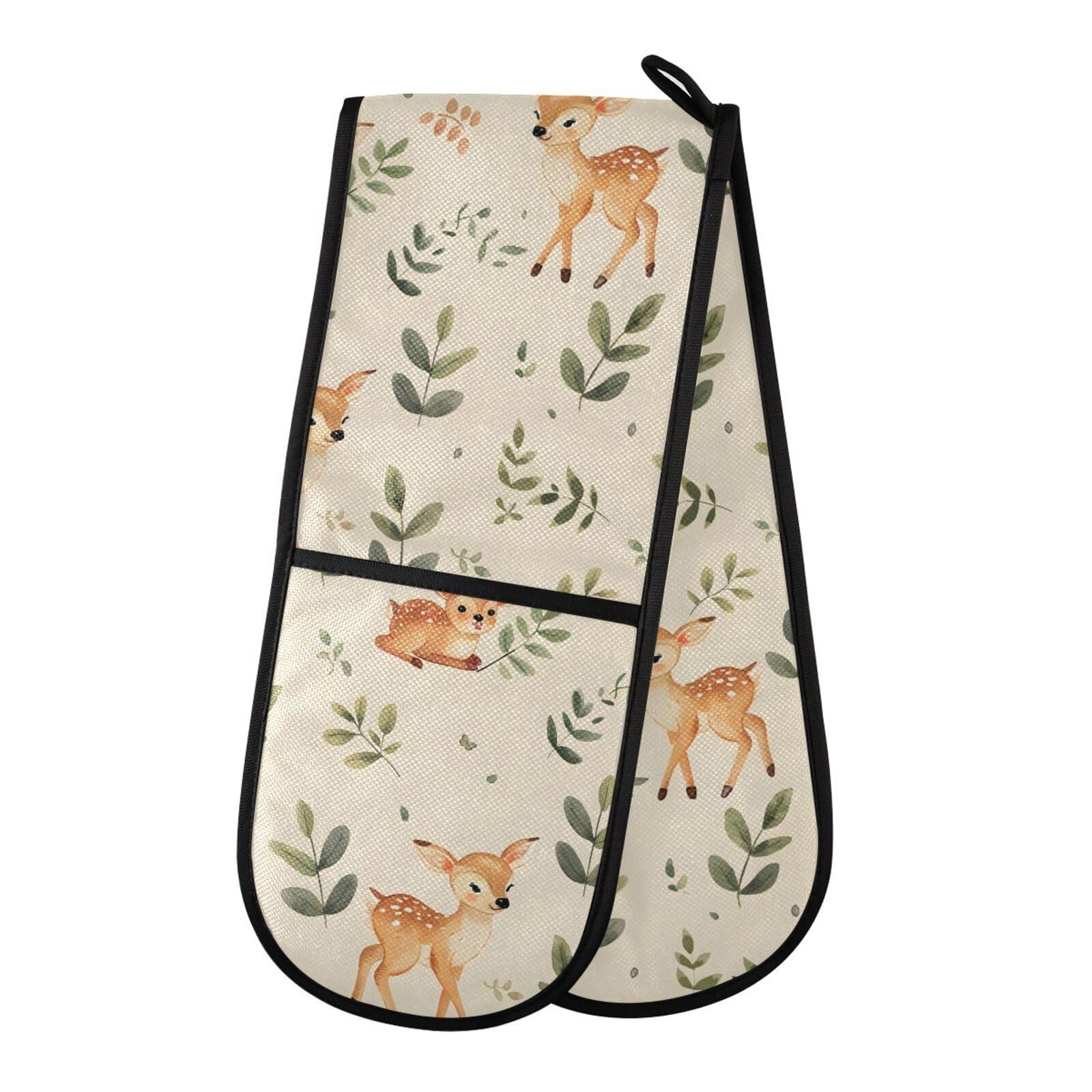 Double Oven Gloves Deer Green Leaves Heat Resistant Pot Holder Oven Mitt Gloves for BBQ Cooking Baking Grilling Microwave