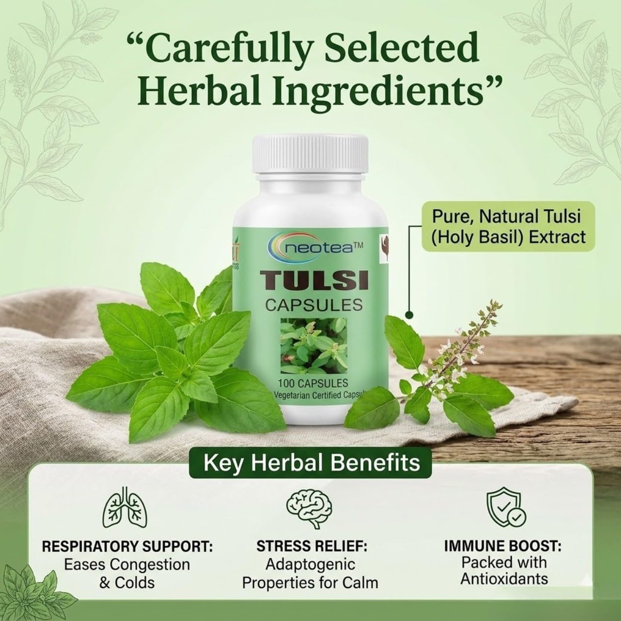 Neotea Tulasi (Holy Basil) Capsules | Natural Herbal Supplement for Respiratory Health | Boosts Immunity | Relieves Cough & Cold | Supports Wellness | 100% Pure Tulsi Extract | 500mg - 100 Capsules — Amazon image 8