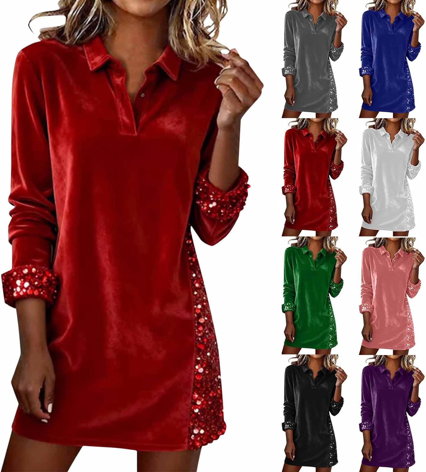 Velvet Dress for Women 2025 Trendy Casual Long Sleeve Button Sequin Dresses with Side Pockets Holiday Party Clothes