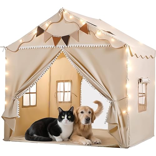 Treestone Play Tent for Kids, 2 in 1 Toddler Tent with Padded Mat and Light, Large Playhouse for Kids Indoor & Outdoor, 2 Doors and 4 Windows, 51" x 39" x 53", Toy Gift for Boys and Girls