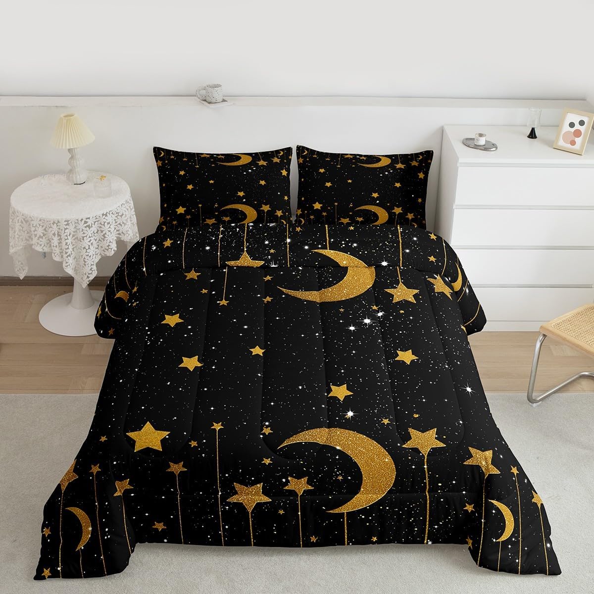 Homewish Gold Stars and Moon Comforter Set Queen Size,Starry Sky Bedding Set for Kids Boys Girls Bedroom Decoration,Gold and Black Bed Duvet Insert,Galaxy Comforter with 2 Pillowcase