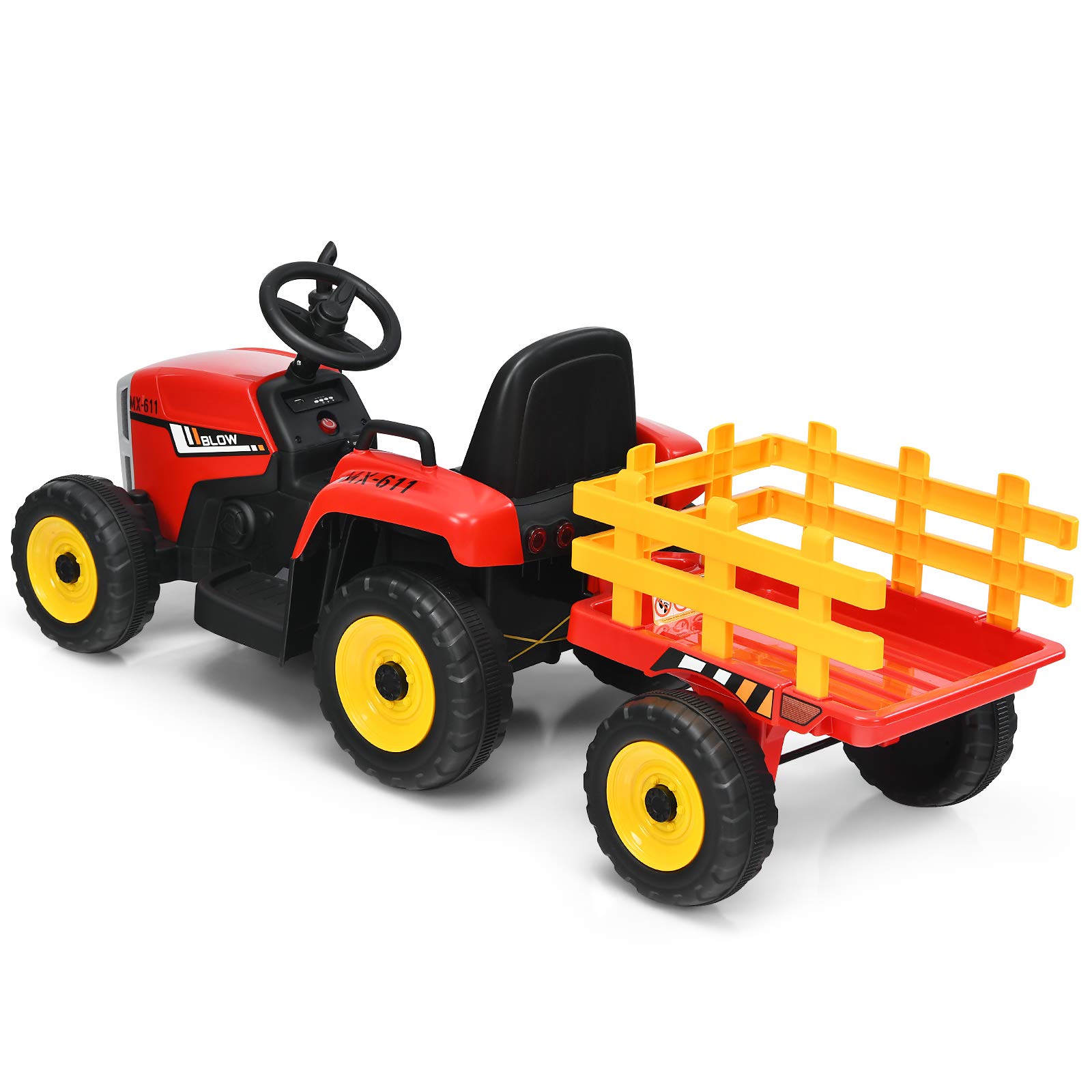 COSTWAY Trattore con Rimorchio Cavalcabile per Bambini 12V, Trattore Elettrico Telecomandato, con Luci e Suoni, 30kg, 3+ Anni (Rosso)