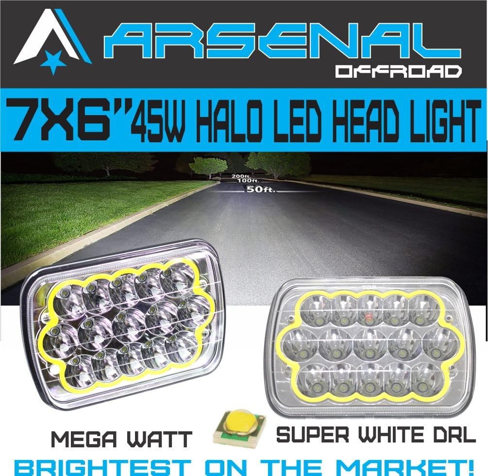 ARSENAL No.1 45w Rectangle 7x6 HALO DRL Led Headlights 6054 5x7, 7x6 Hi/Low Head Lights, Led Sealed Beam S10 H4 Plug H6054 Headlights H5054 6052 For Wrangler YJ Xj Cherokee Truck (1PC)