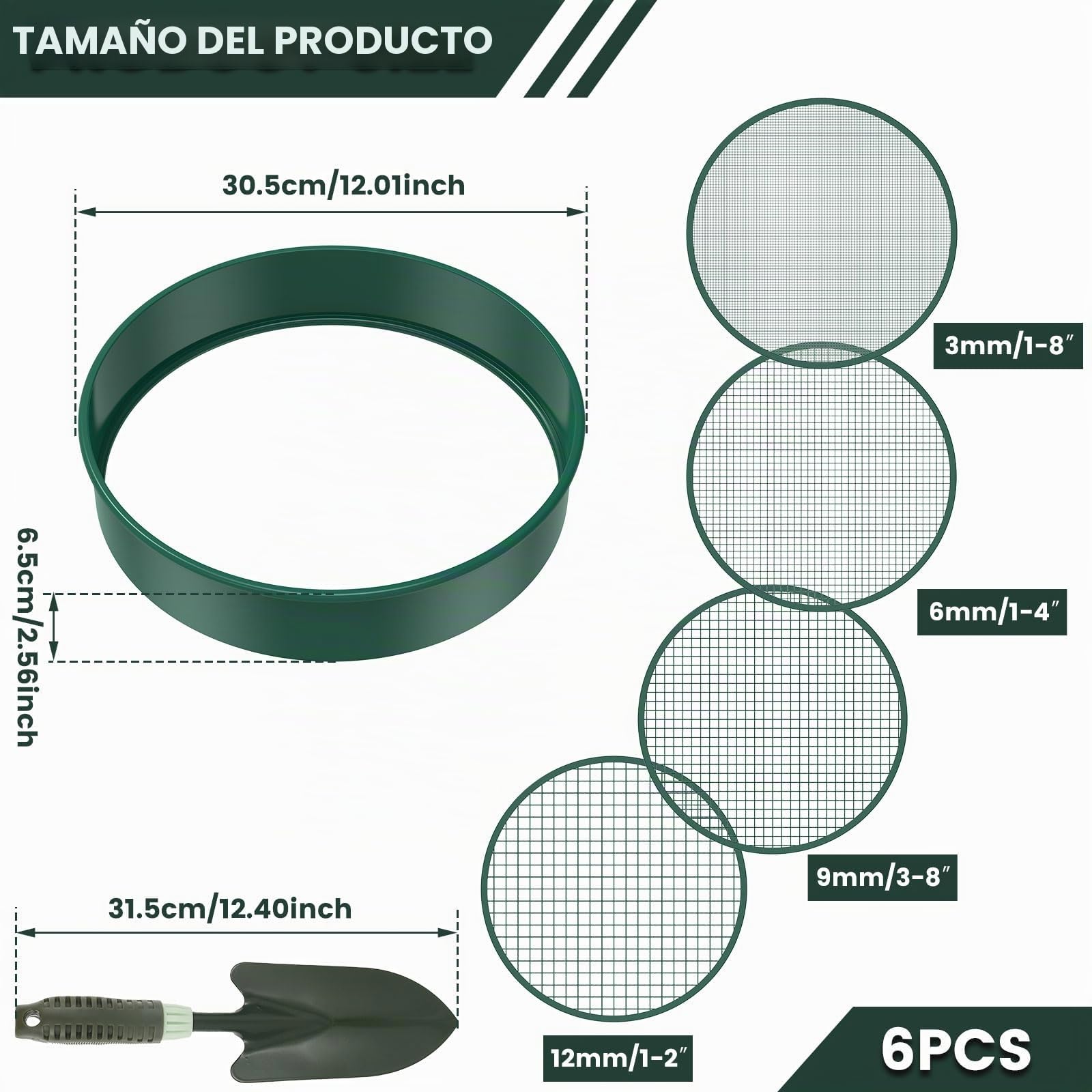 Tamiz de jardín redondo 4 en 1, 30 cm, acero inoxidable, con 4 tamices intercambiables y pala de jardín, tamiz para tierra, compost, semillas, arena