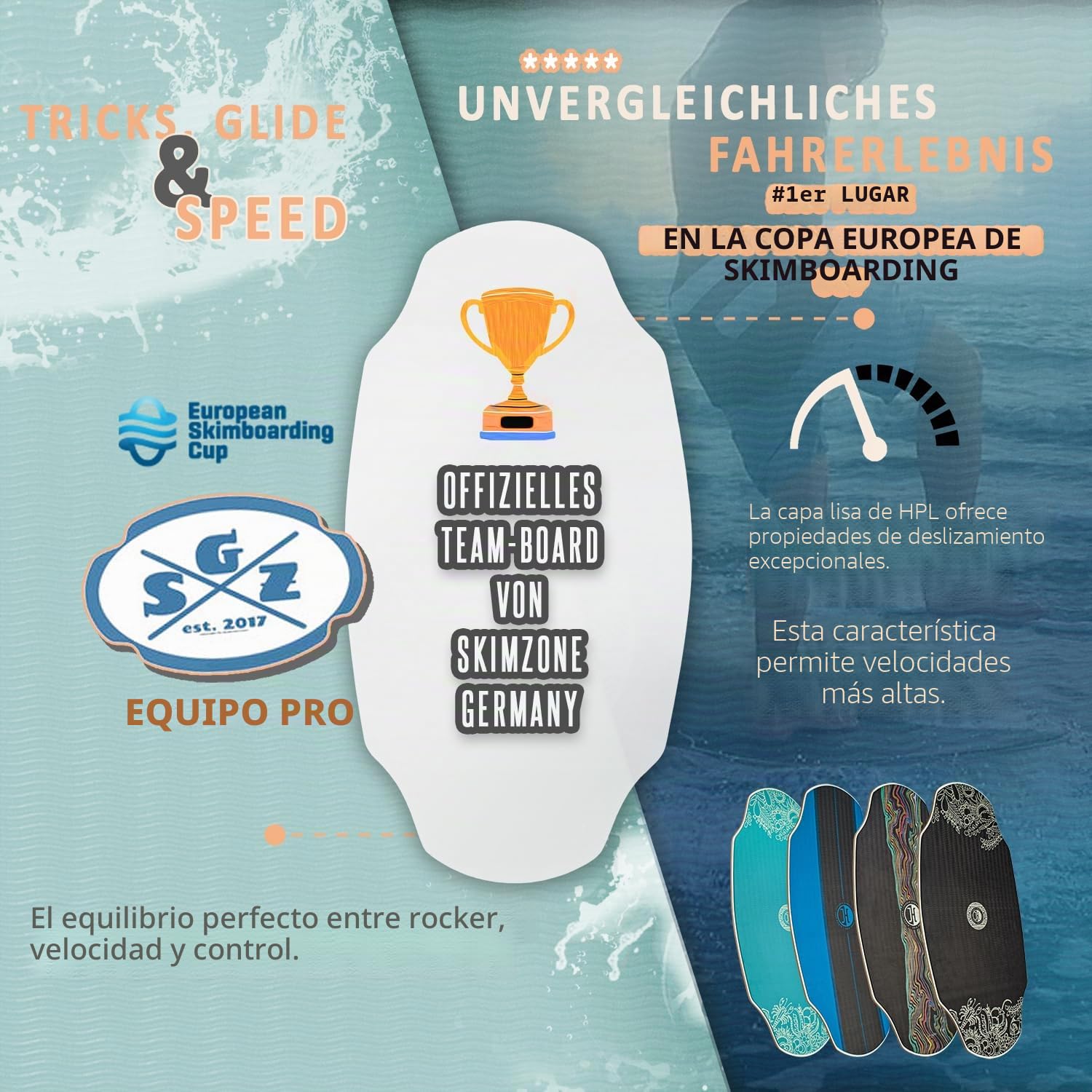 JUCKER HAWAII Skimboard – Tabla de esquí profesional con revestimiento HPL, superficie antideslizante, ultra rápido, extremadamente resistente y duradero, soporta hasta 115 kg – para principiantes