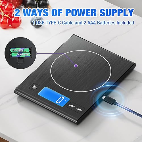 Miniatura 2 de Diyife - Báscula de cocina recargable de acero inoxidable 304, báscula digital de alimentos de 33 libras con pantalla LCD, baterías y carga tipo C,