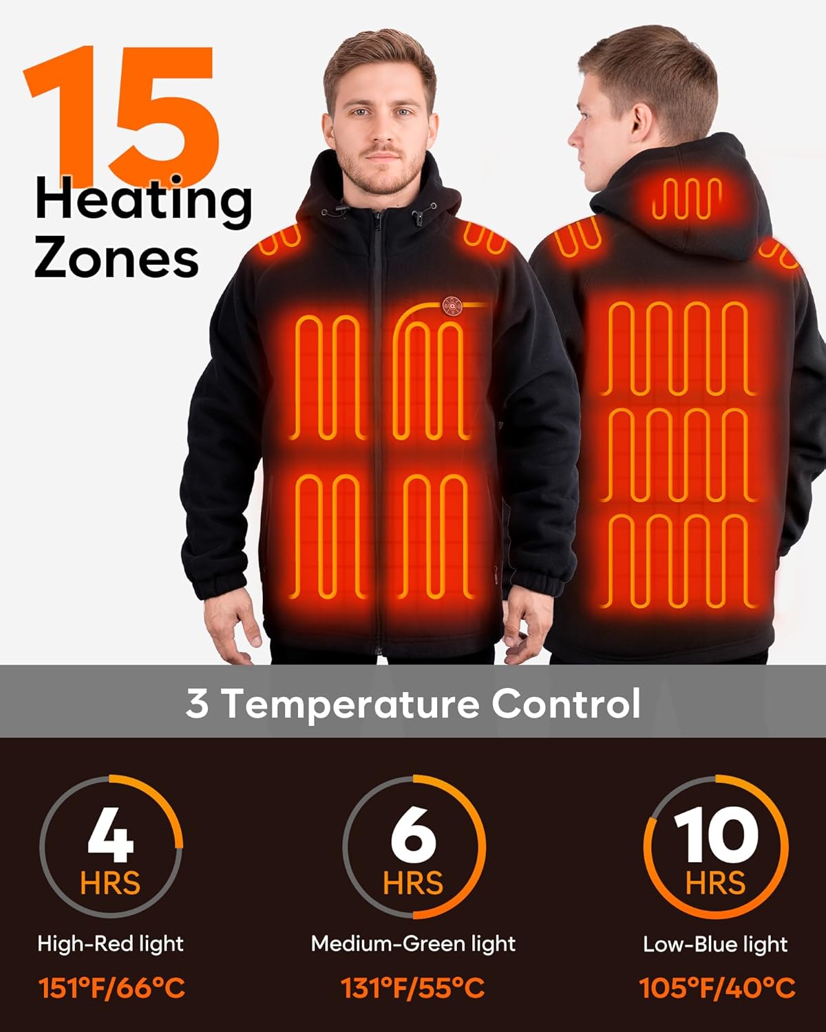 Heated Jacket for Men with 16000mAh Battery Pack Included, Soft Fleece Heated Hoodie 15 Heating Zones Heated Coat - Image 3