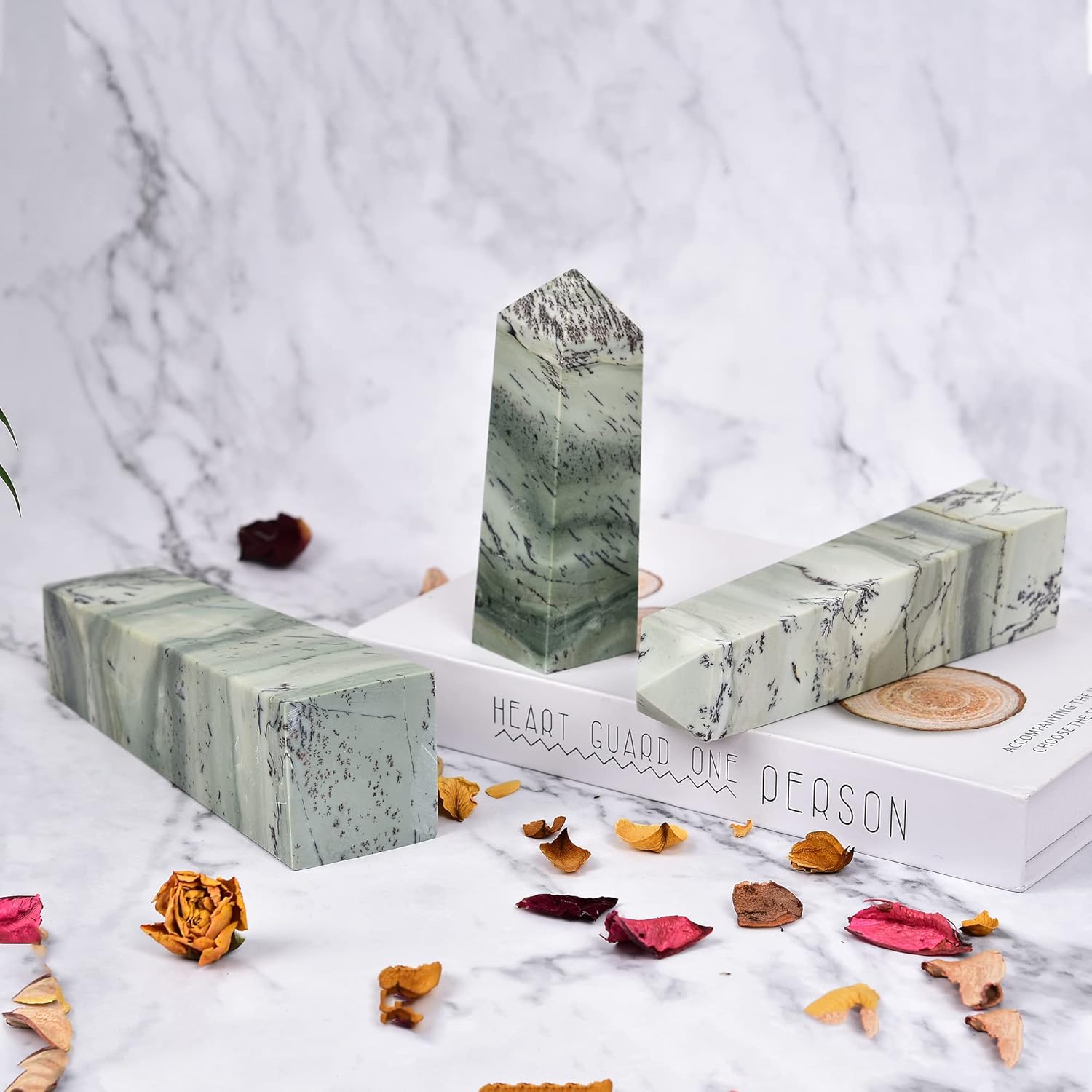 JIC Gem Natural Large Dendritic Jade Obelisk Tower Grass Jade Gemstone Tower Crystal Quartz Wand Tower Healing Crystal Energy Wand 1.3-1.8 Lbs