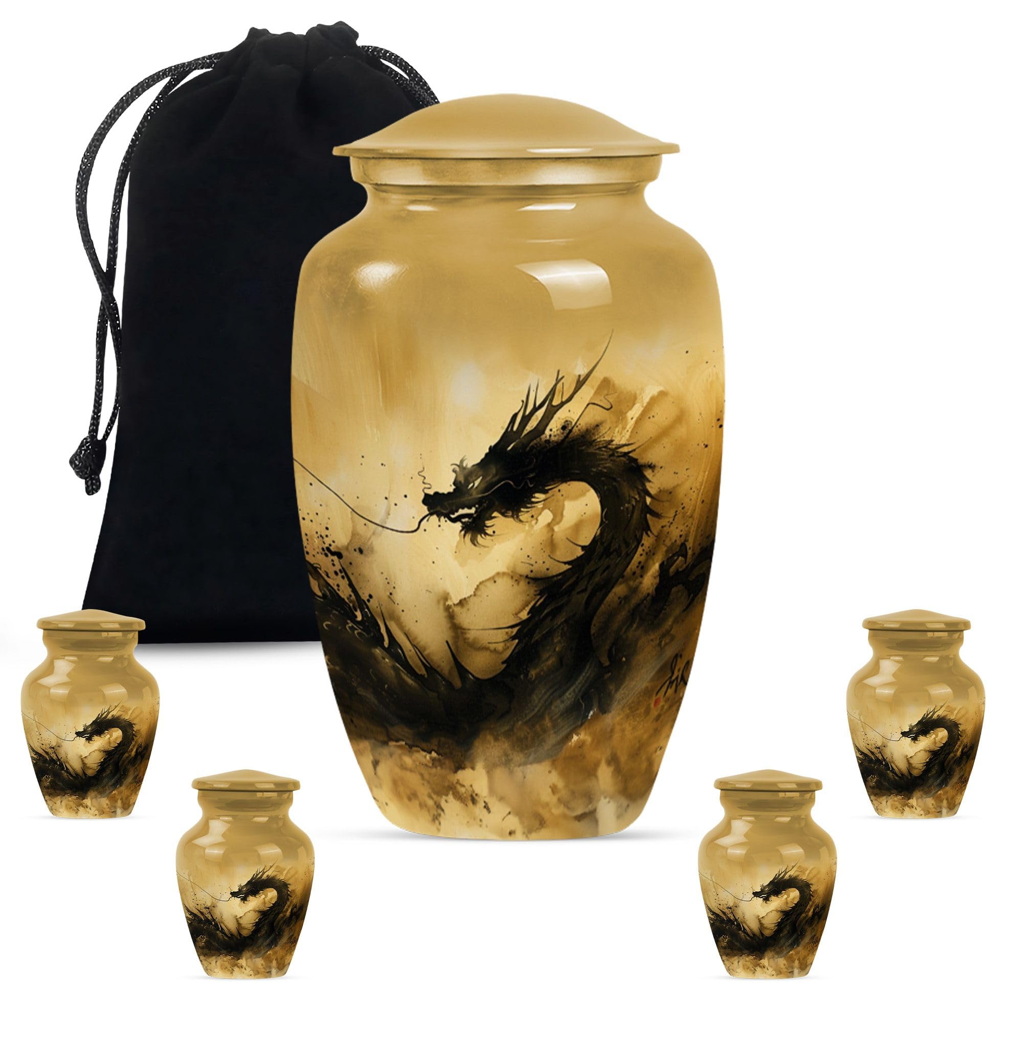 YATHABHISA Dragon Urn, Combo of 1 Large Urn with Velvet Bag and 4 Small - Cremation Urn Human Ashes Combo of Keepsake & Large Urns for Mom & Dad,Cherished Urn,Cremation Keepsake Urns for Ashes, Black — image 1