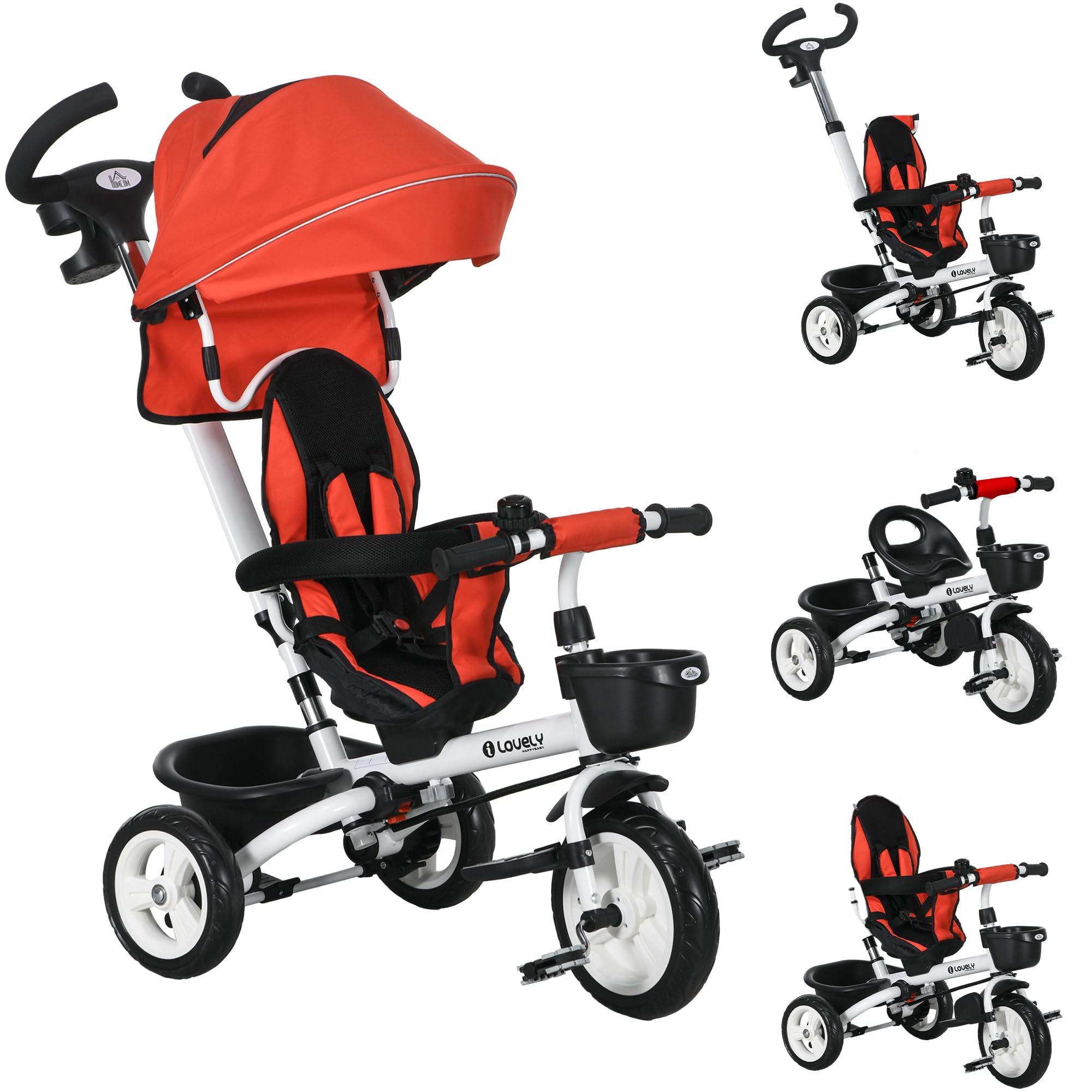 HOMCOM 6 in 1 Baby Trike for 1-5 Years, Toddler Tricycle Folding Bike with Parent Handle, Reversible Seat, Storage Basket, Canopy, 5-point Harness, Red