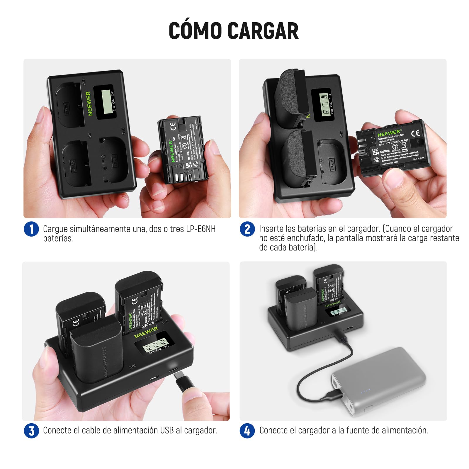 NEEWER LP-E6NH 3 Baterías Repuesto & Cargador USB Set, 3 Paquete 2250mAh para LP-E6NH con Cargador USB Triple Ranura, Paño Limpieza, Compatible con Canon EOS R7 R5 R6 R6 II R 5DIV 6DII 7DII 80D