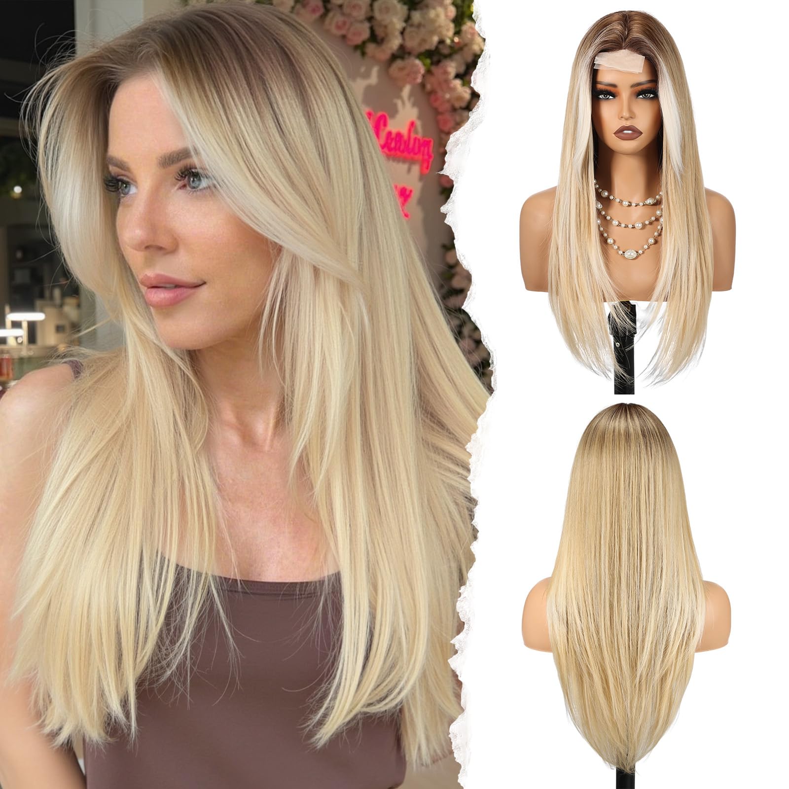WOKESTAR Parrucche lunghe per donne Capelli sintetici resistenti al calore con frangia Parrucche naturali per uso quotidiano Colore biondo con riflessi
