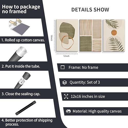 Miniatura 7 de ytreyoimro Juego de arte de pared en lienzo bohemio de 3 a 12 x 16 pulgadas, arte de pared moderno de mediados de siglo, formas abstractas, hojas
