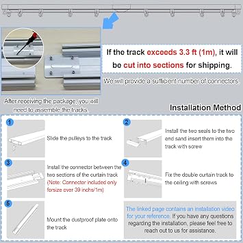 Double Row Curtain Track Ceiling Mounted, Silent Aluminum Heavy Duty Curtain Track System, Sliding Rails for Curtains, Living Room, Bedroom, Room Divider, Easy Installation (White, 1.7m)