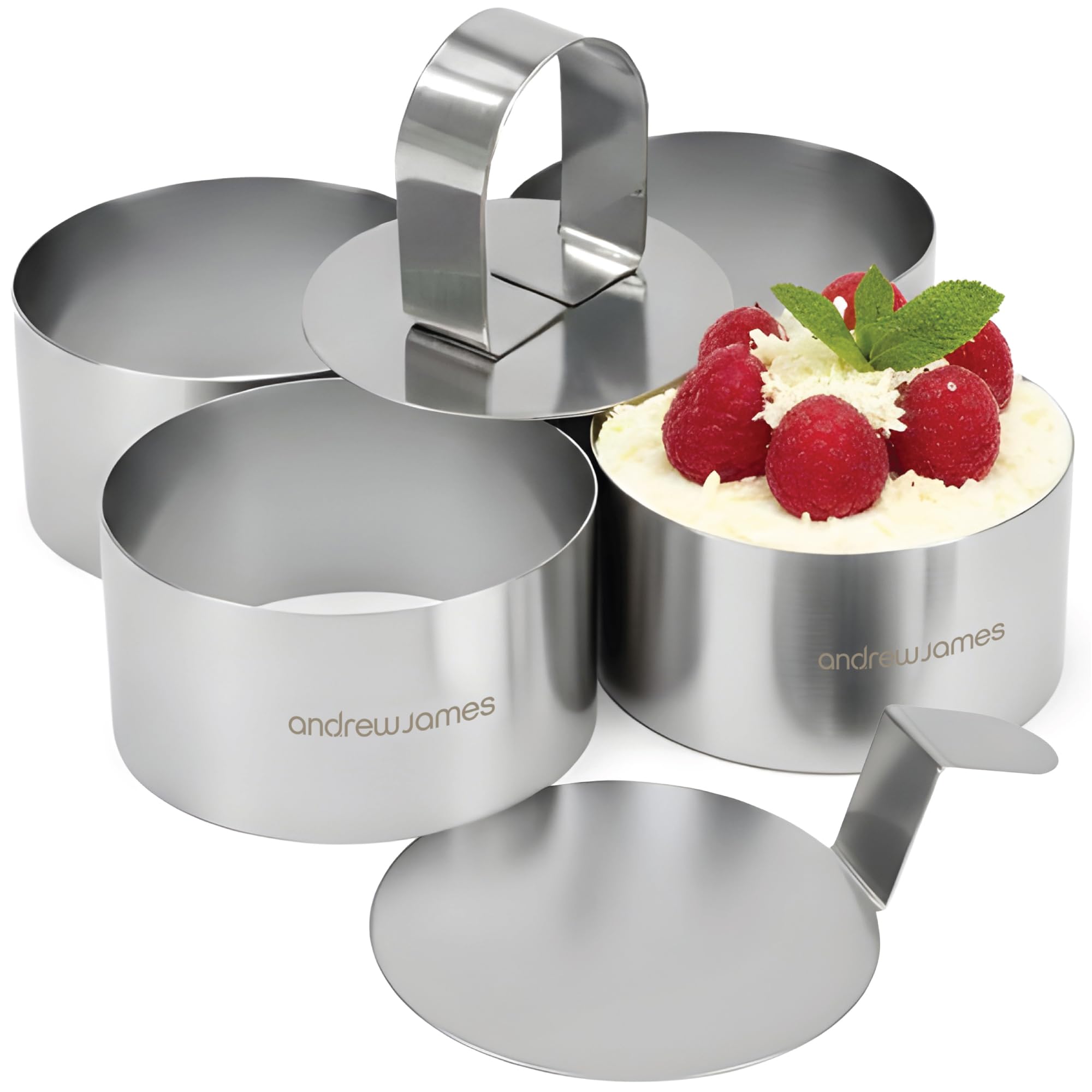 Andrew James Cooking Rings | Set of 4 Stainless Steel Chef Rings for Moulding & Presentation | Includes Food Press & Lifter | Freezer Oven & Dishwasher Safe (4cm x 6cm)