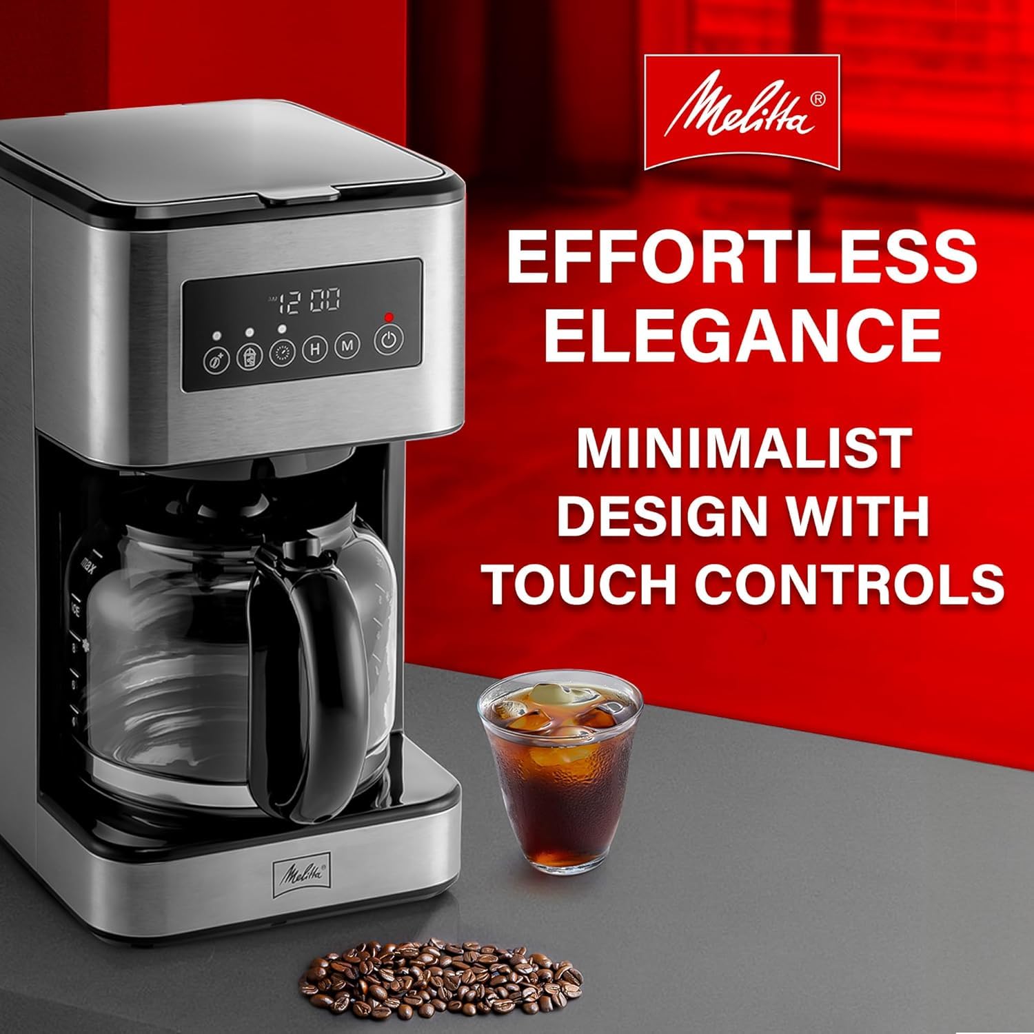 Melitta Aroma Tocco Plus Glass 12-Cup Drip Coffee Maker, Black & Stainless | Automatic & Programmable, Auto Shut Off, Touch Control Panel, 5-Pack Coffee Filters Included