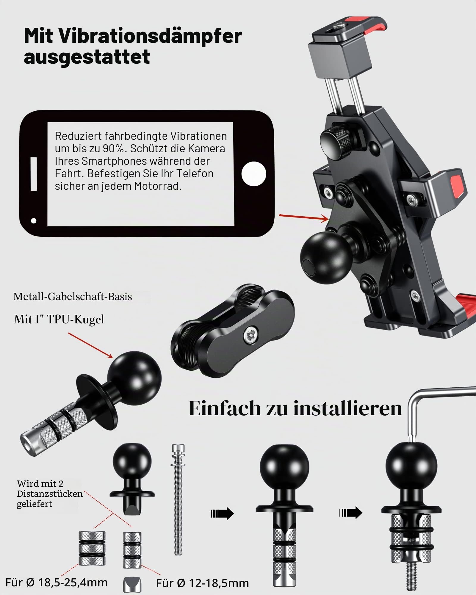 BRCOVAN Metall Motorrad Gabelschaft Handyhalterung mit Vibrationsdämpfer | Diebstahlsichere Aluminiumlegierung Handy Motorradhalterung, 360° Drehbar, Verstellbar, für 4,7-7,2 Zoll Smartphone