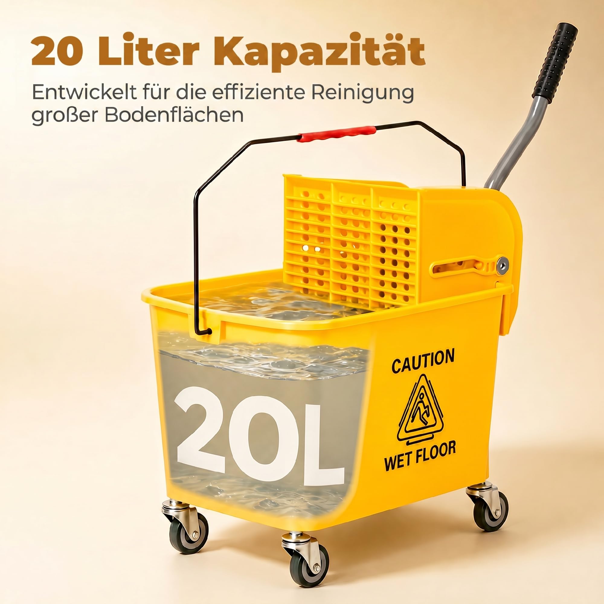 HOMCOM Wózek sprzątający z mopem i prasą 20L wiadro hotelowy żółty | Wózek czyszczący, z przegrodą, do sprzątania budynków
