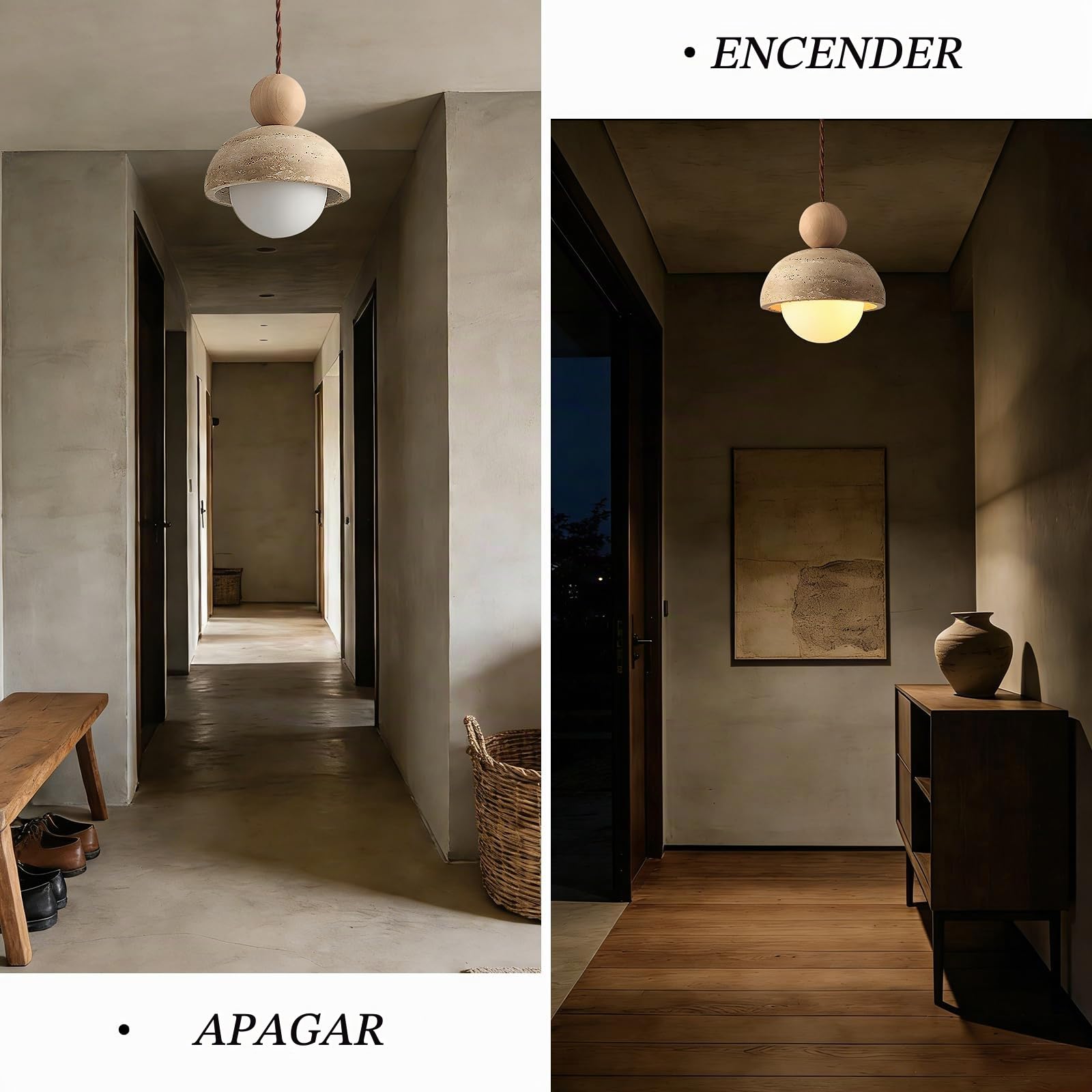 7W Lámpara colgante japonesa Wabi-Sabi de travertino amarillo con pantalla de piedra natural y luz colgante de madera G9, mini iluminación nórdica para cocina, isla y comedor