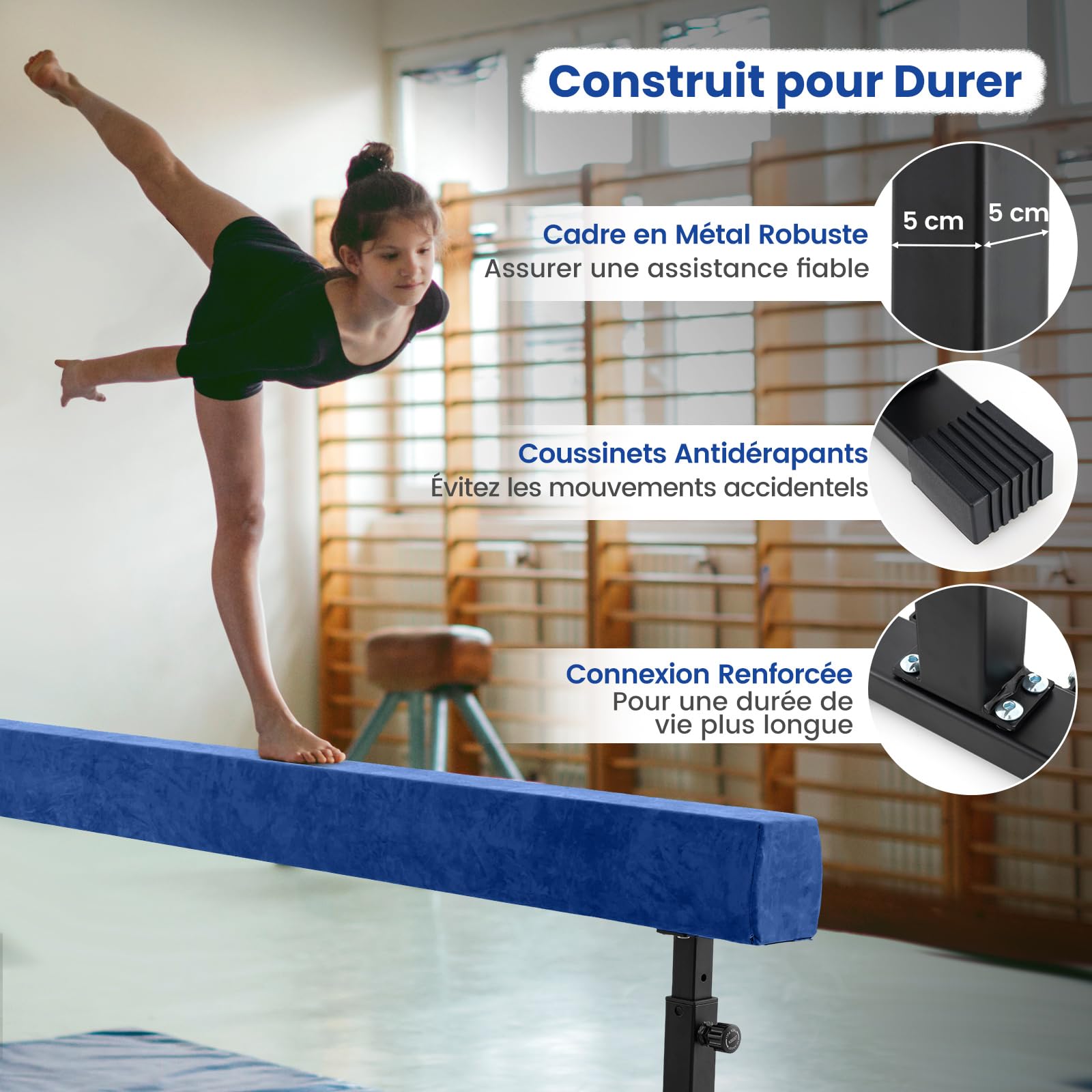 COSTWAY Poutre de Gymnastique de 226 cm, Barre de Gymnastique Hauteur Réglable à 3 Niveaux avec Pieds et Roues en Métal, Équipement d'Entraînement à Domicile pour Enfants Gymnastes