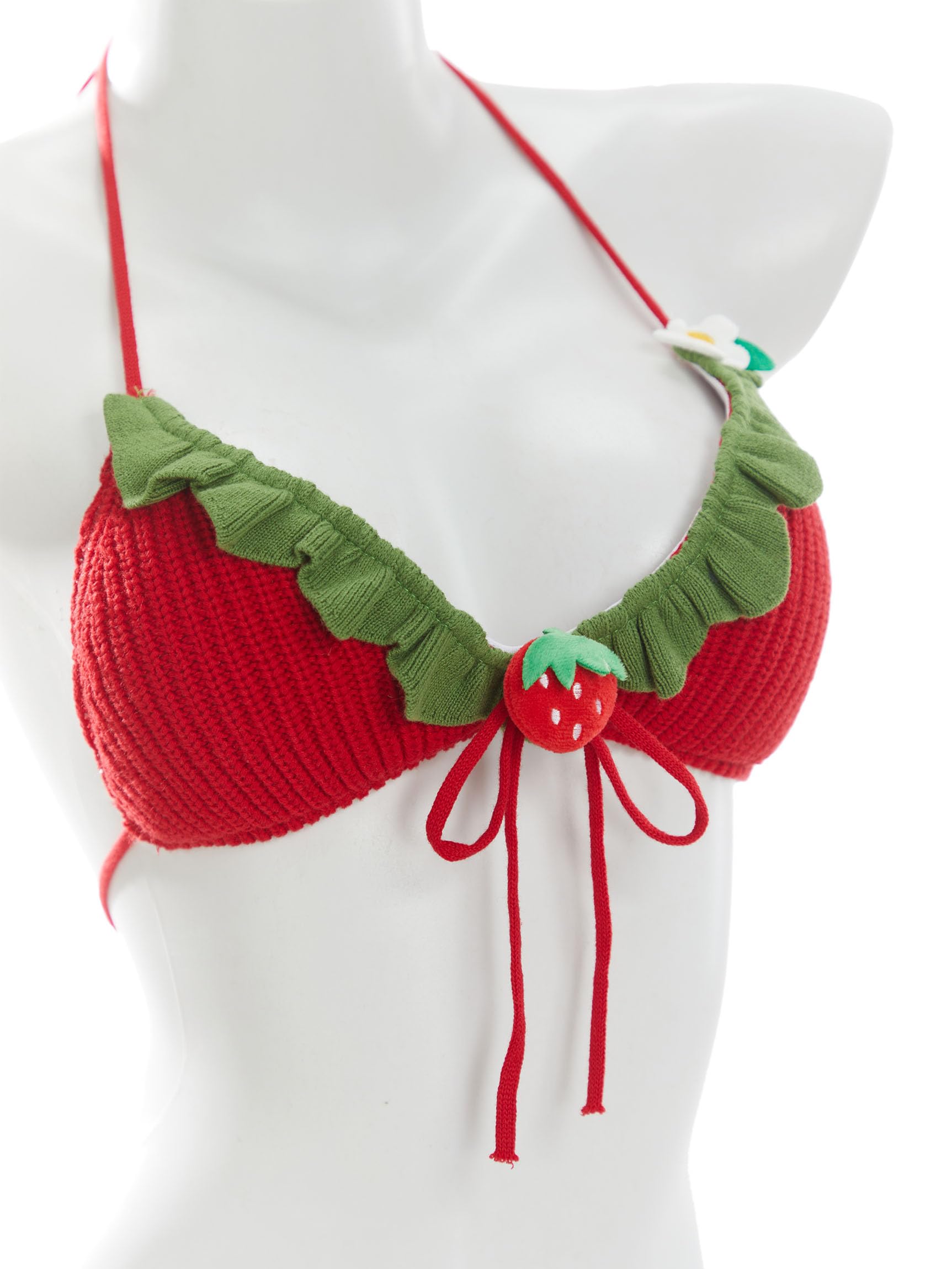haikyuu Women Strawberry Bikini Crochet Swimsuit Tie Side Two Piece Bathing Suit Halter Triangle Cute Swimwear: Standard Small Red