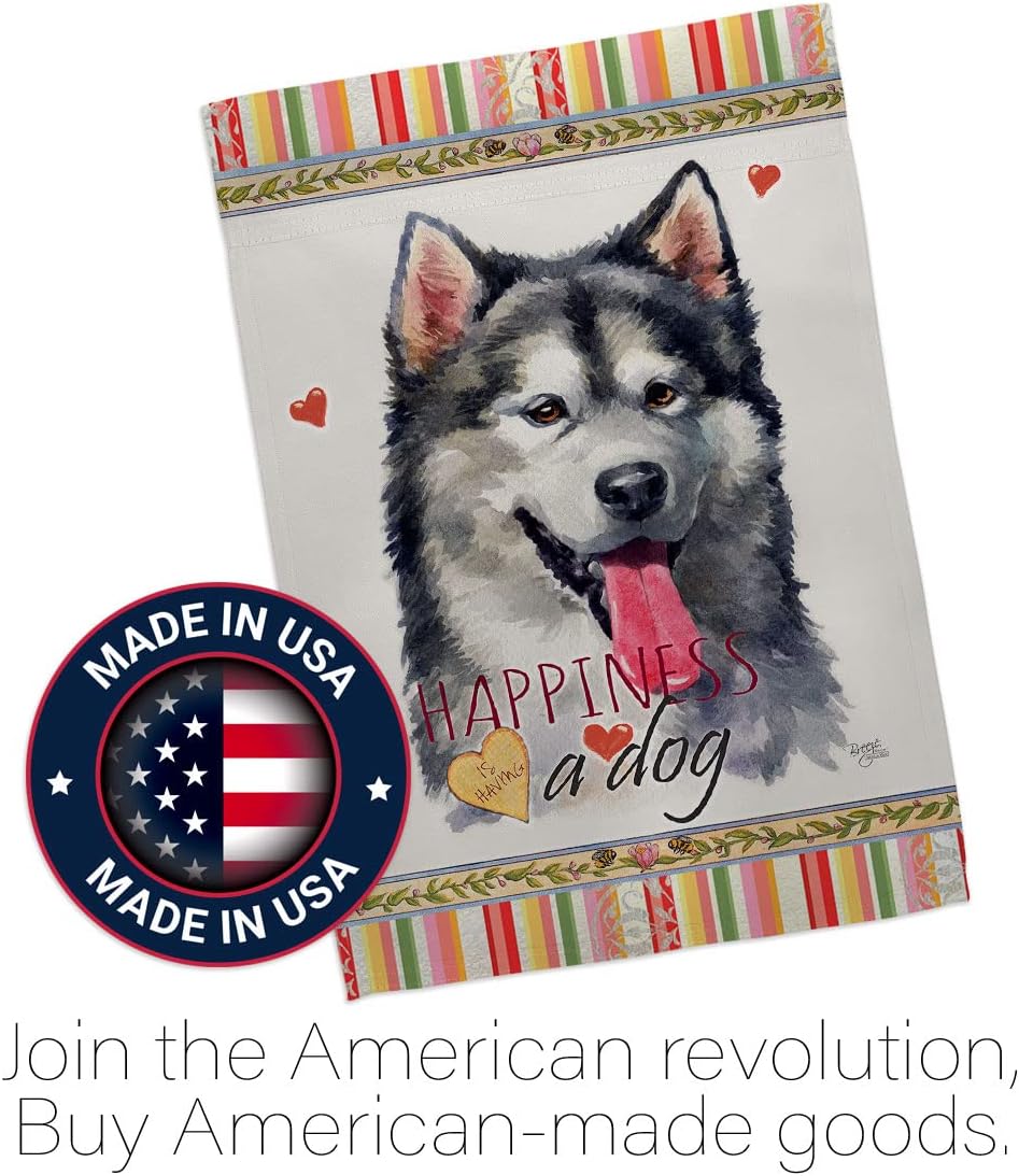 Breeze Decor Alaskan Malamute Happiness House Flag Pack Dog Puppy Spoiled Paw Canine Fur Pet Nature Farm Animal Creature Vintage Applique Banner Small Garden Yard Gift Double-Sided, Made in USA