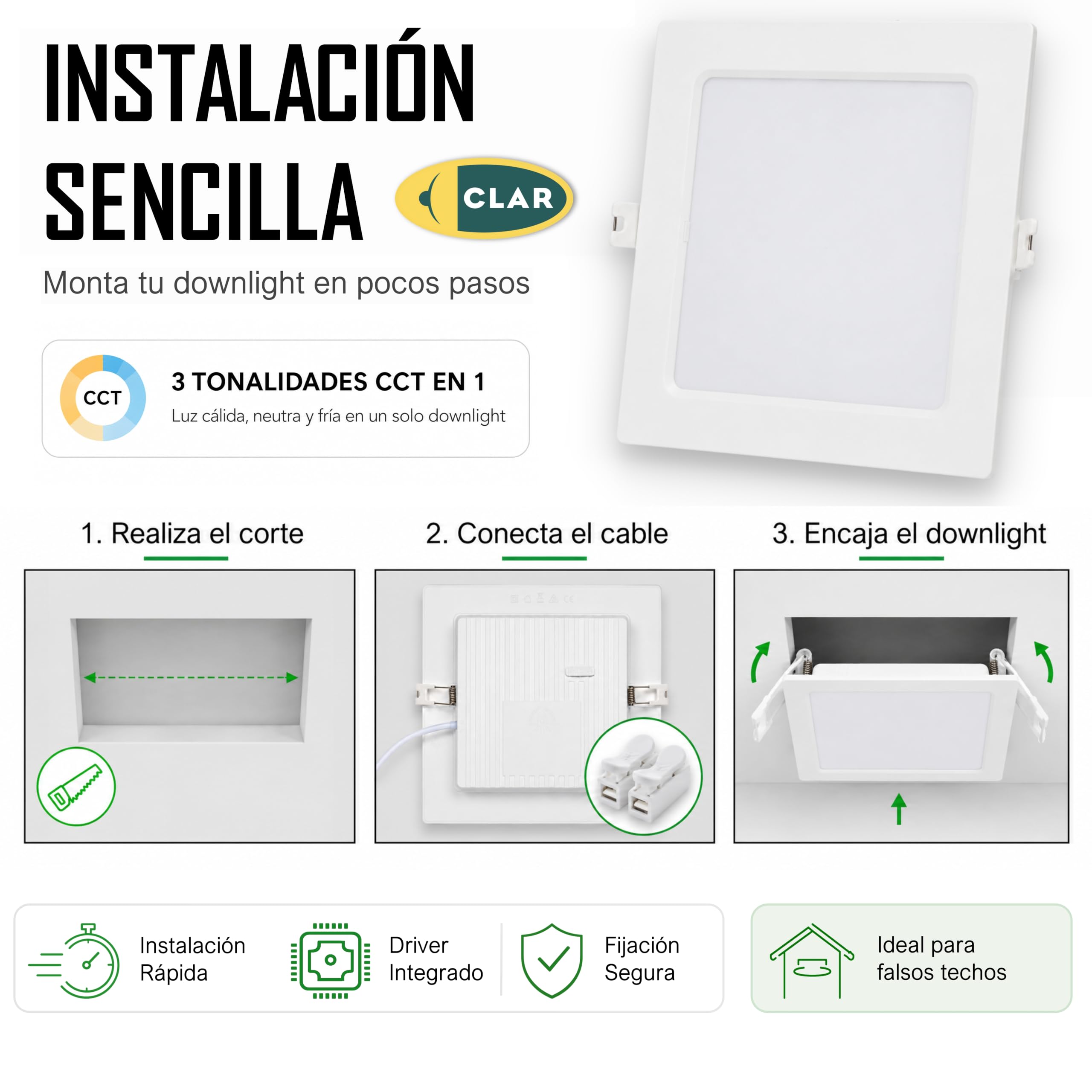 CLAR - Downlight LED Techo Cuadrado 20W, Downlight Cuadrado, Focos LED Cuadrados Empotrables, Iluminación Empotrable de Interior, 3 Tonalidades CCT (3000ºk-4000ºk-6500ºk) (Pack 10)