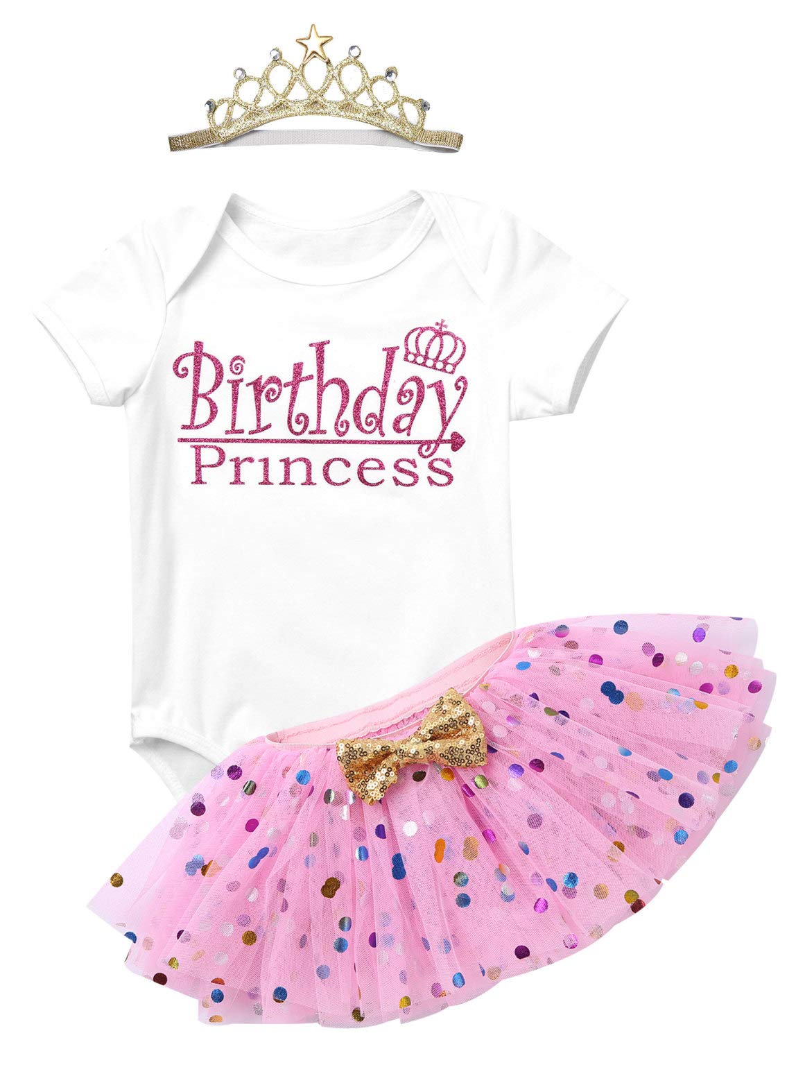 vastwit Infant Baby Girls 1st Birthday Outfit Set Short Sleeve Romper + Mesh Tutu Skirt + Crown Headband