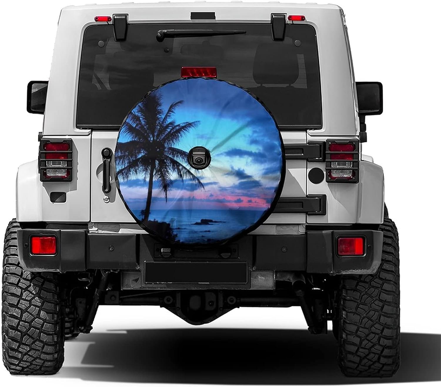 Blue Palm Tree Sunset Spare Tire Cover with Backup Camera Hole Wheel Tire Cover Fit Trailer, RV, SUV and Many Vehicle 17inch